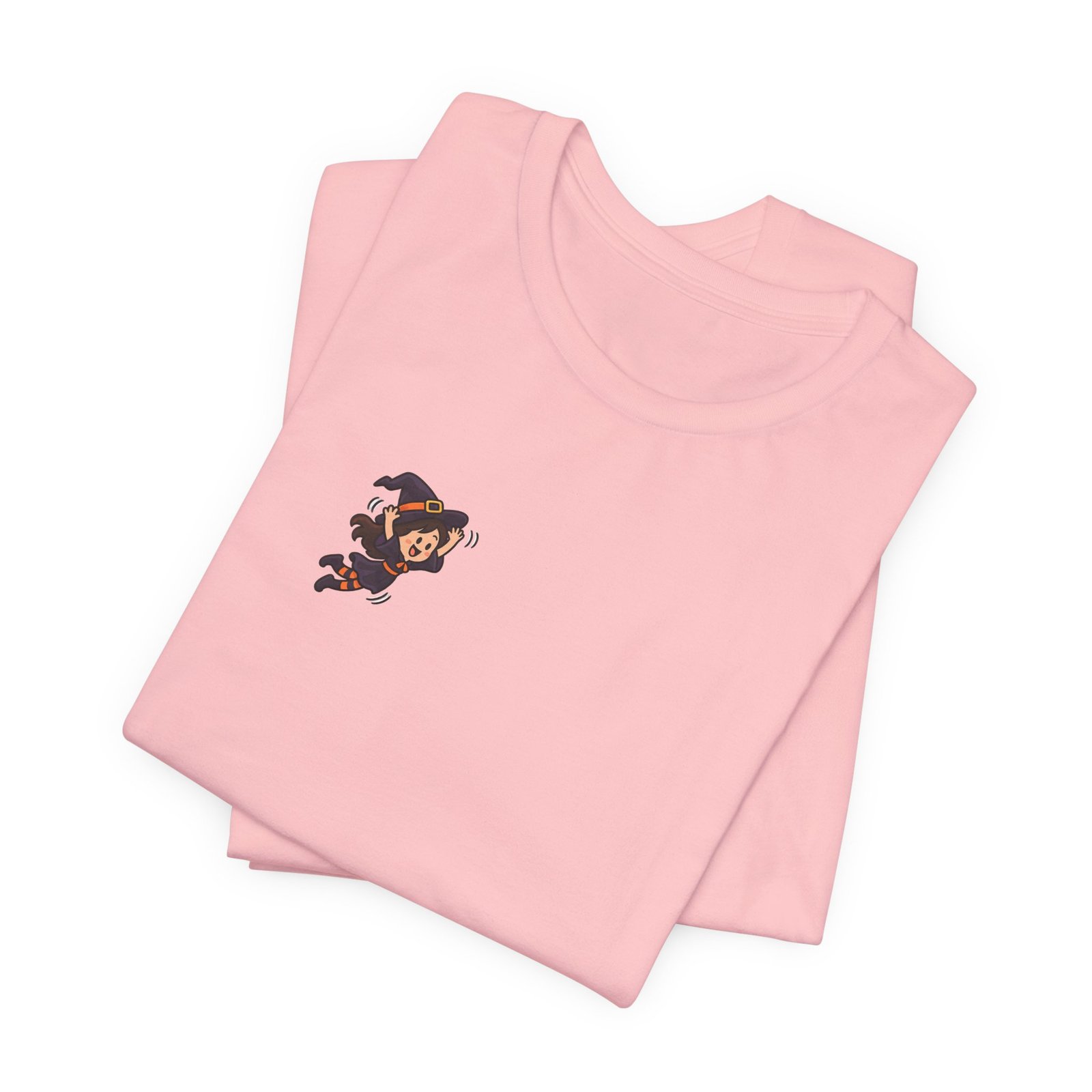 Playful Halloween Witch Jumping Onto Broom Graphic Tee - Image 15