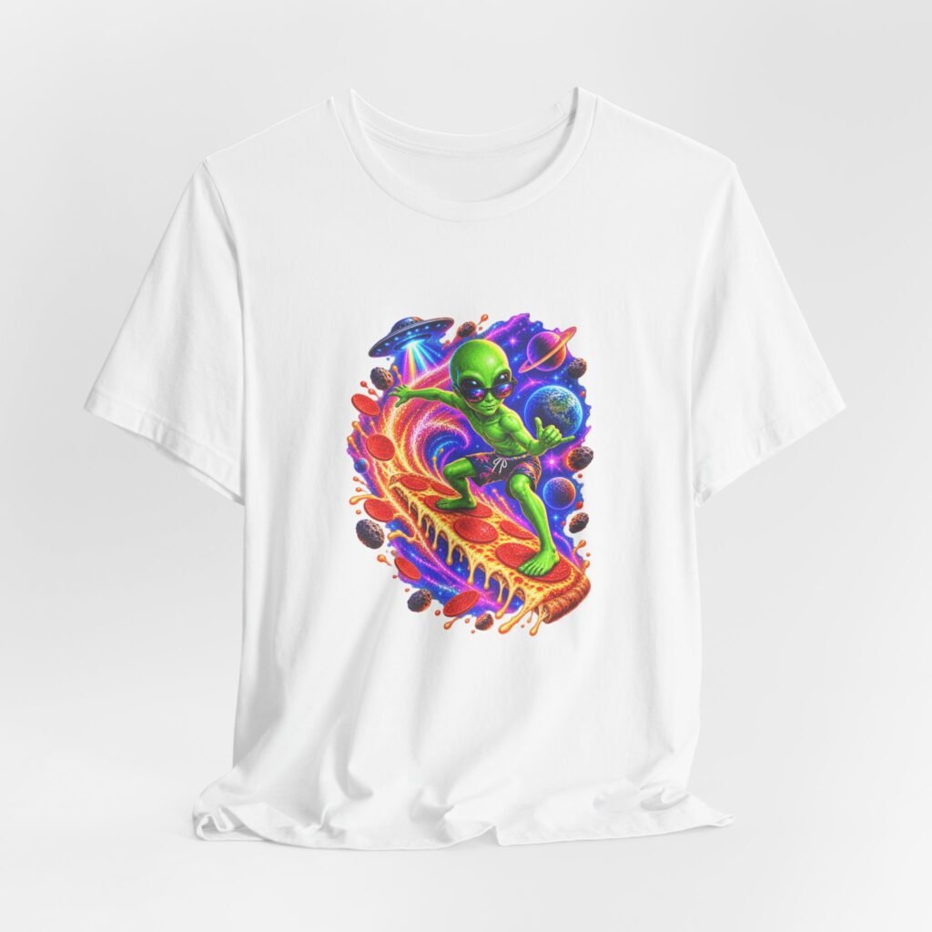Alien Pizza Space Surfer Graphic Tee