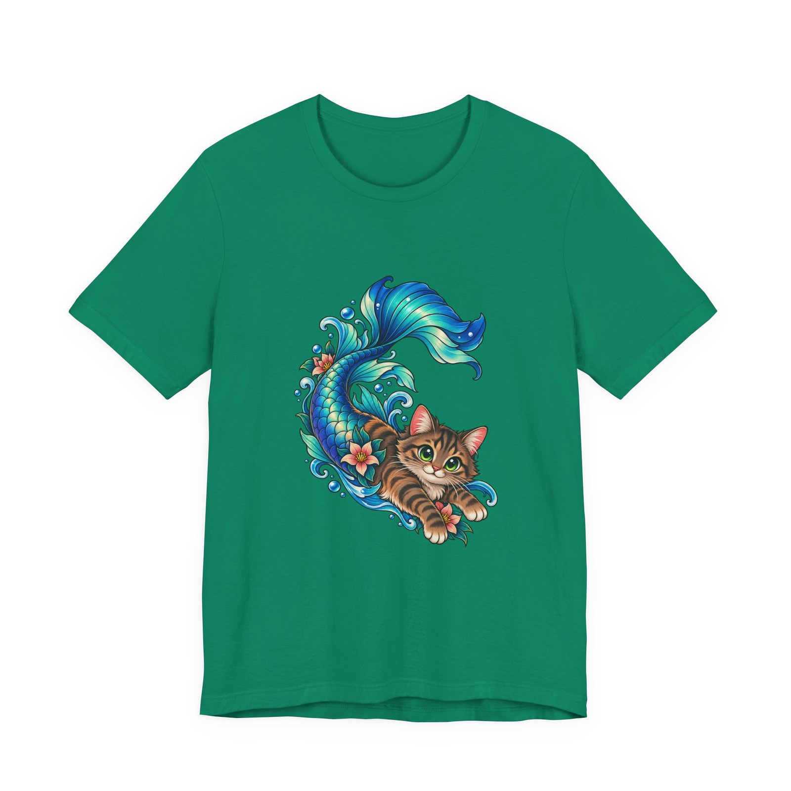 Cute Mermaid Cat Turquoise Tail Ocean Flowers Graphic Tee - Image 25
