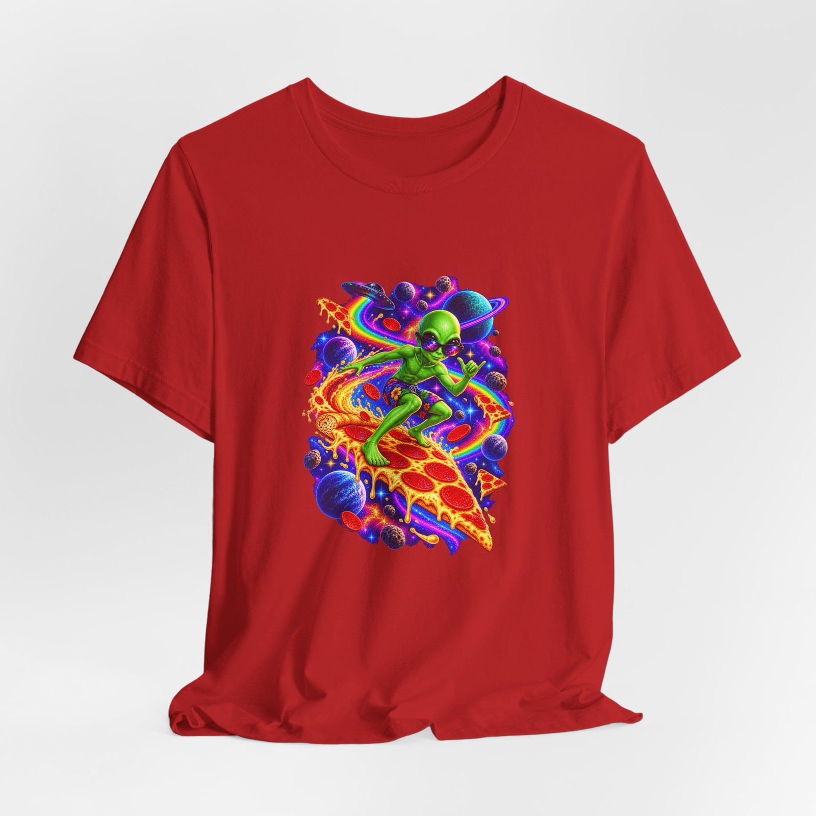 Cosmic Alien Pizza Surfer Graphic Tee - Image 48
