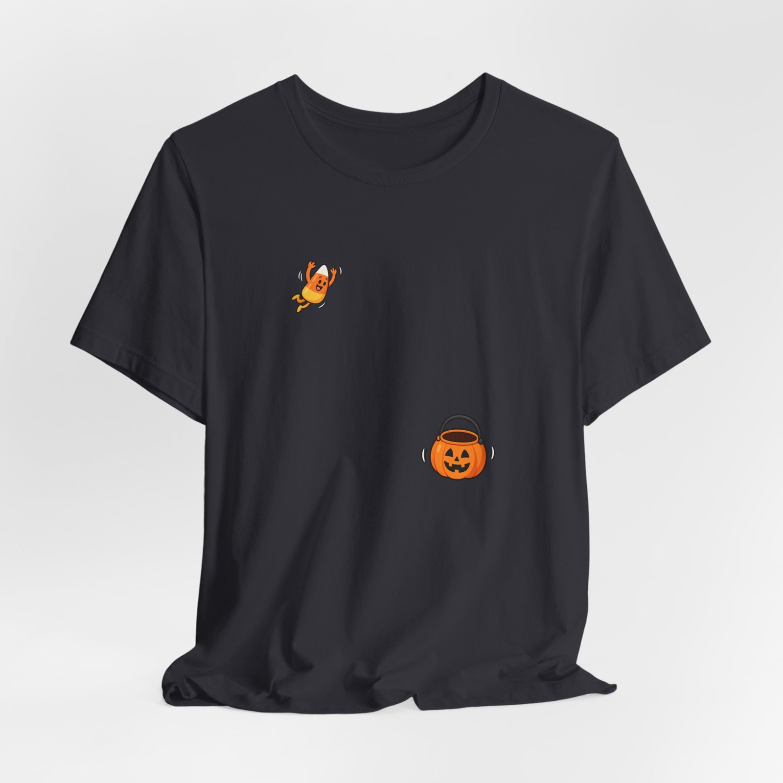 Candy Corn Jumping Into Pumpkin Bucket Halloween Graphic Tee - Image 12