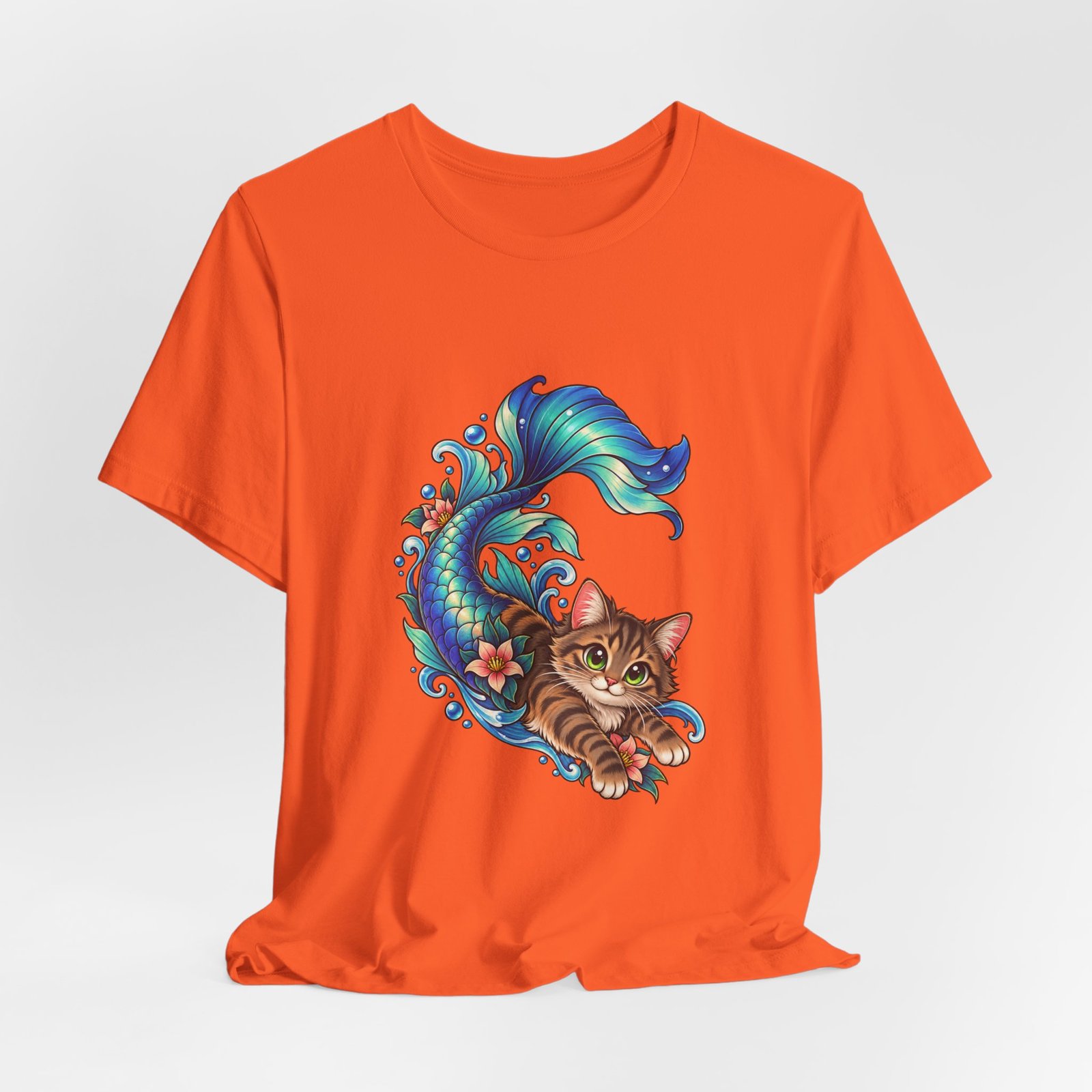 Cute Mermaid Cat Turquoise Tail Ocean Flowers Graphic Tee - Image 8