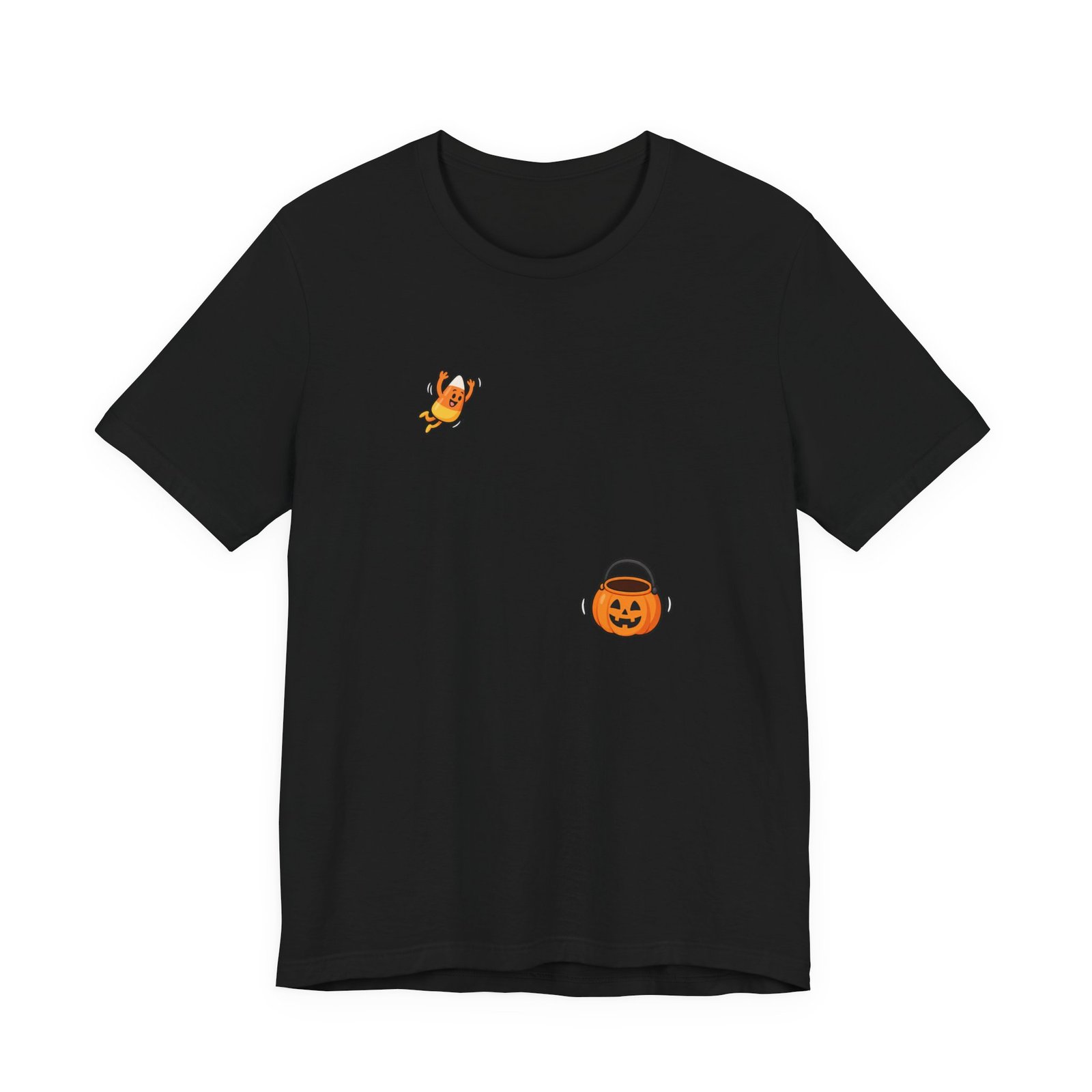 Candy Corn Jumping Into Pumpkin Bucket Halloween Graphic Tee - Image 5