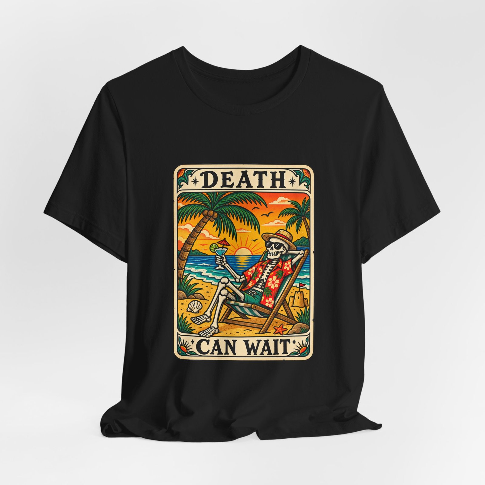 Beach Vacation Skeleton Tarot Card Humor Graphic Tee - Image 8