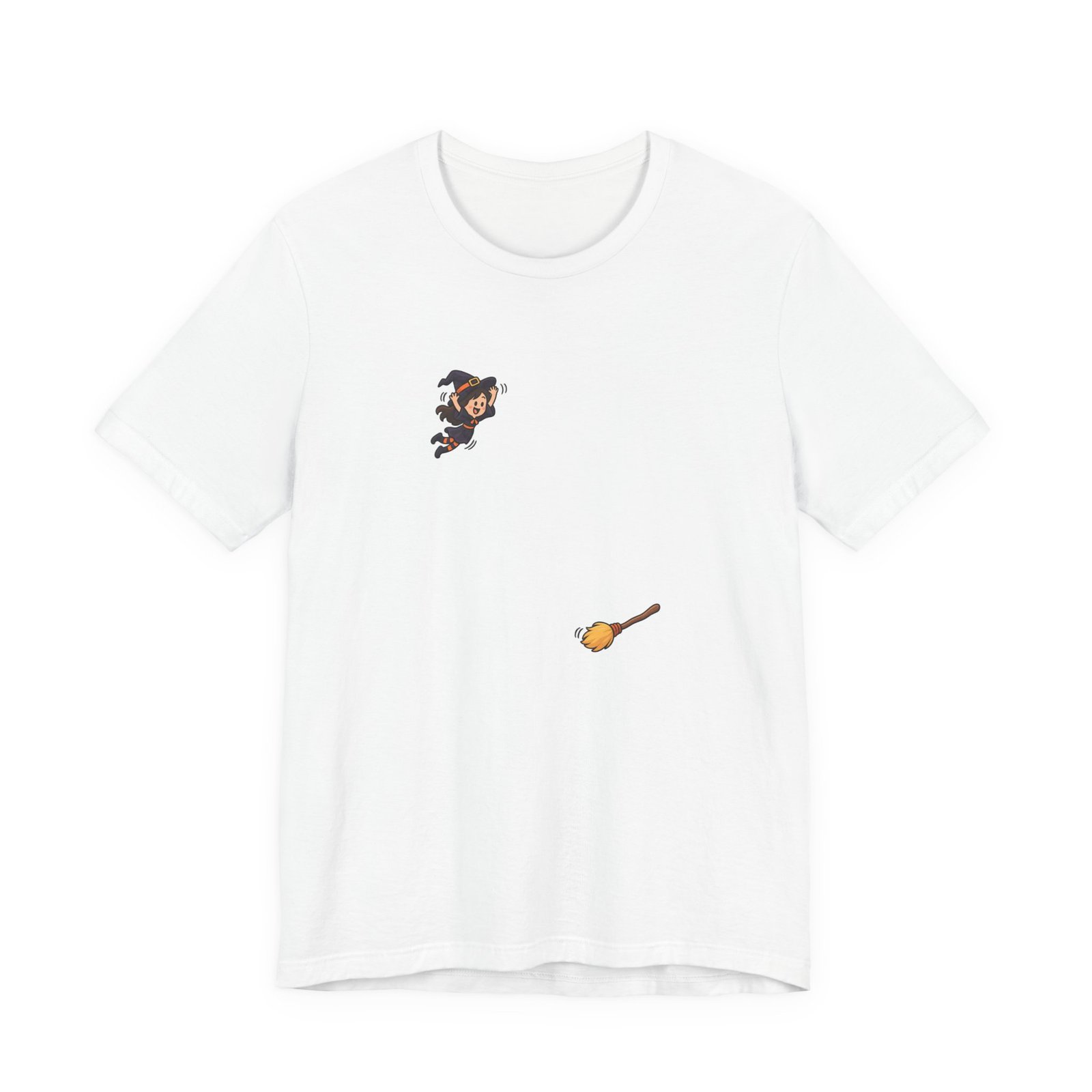 Playful Halloween Witch Jumping Onto Broom Graphic Tee