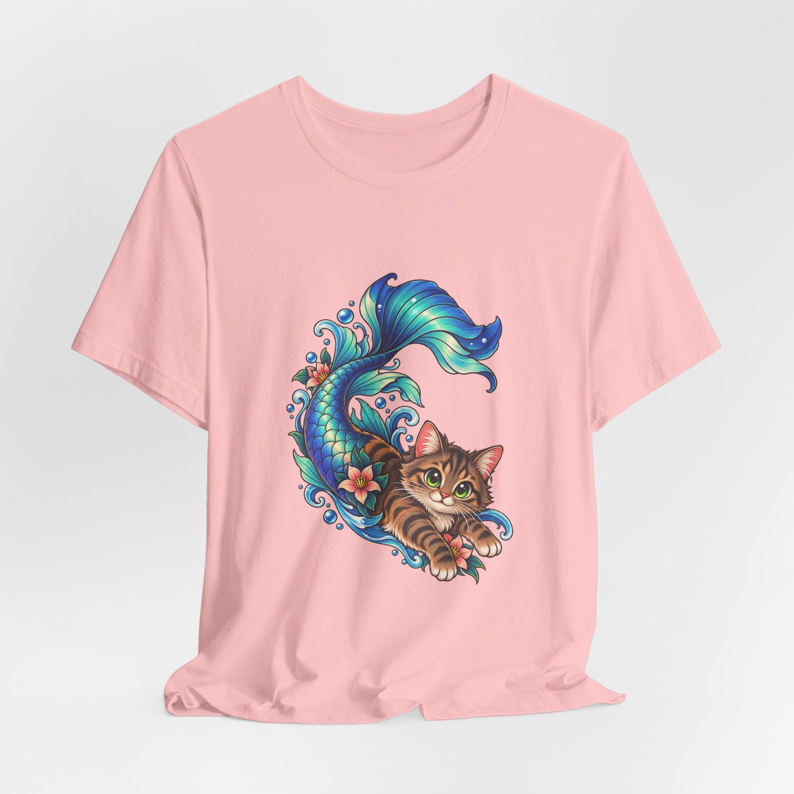 Cute Mermaid Cat Turquoise Tail Ocean Flowers Graphic Tee - Image 44