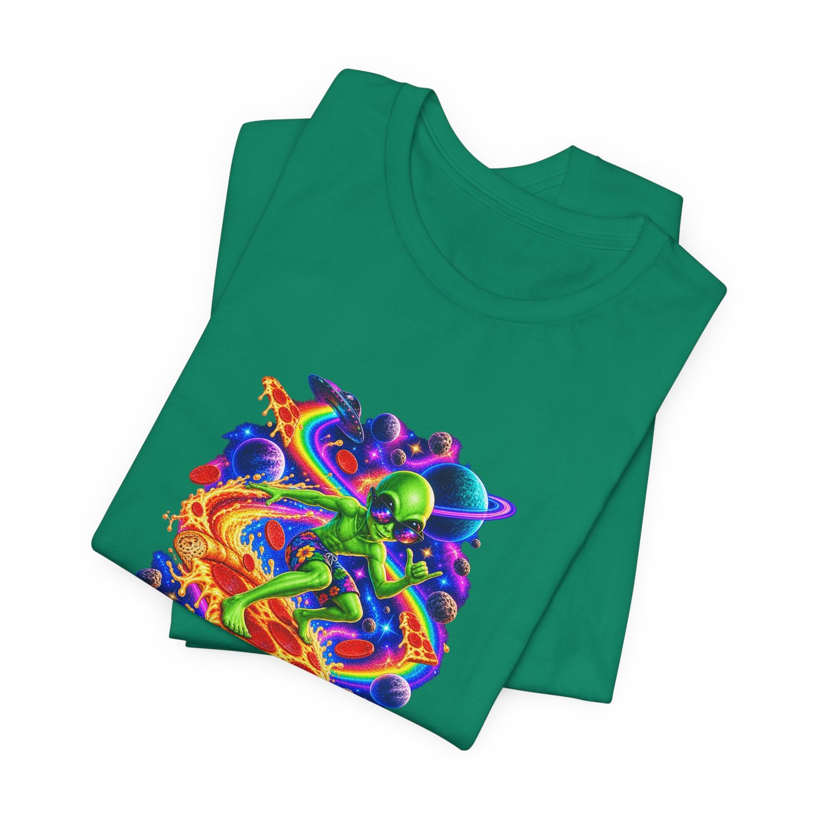 Cosmic Alien Pizza Surfer Graphic Tee - Image 27