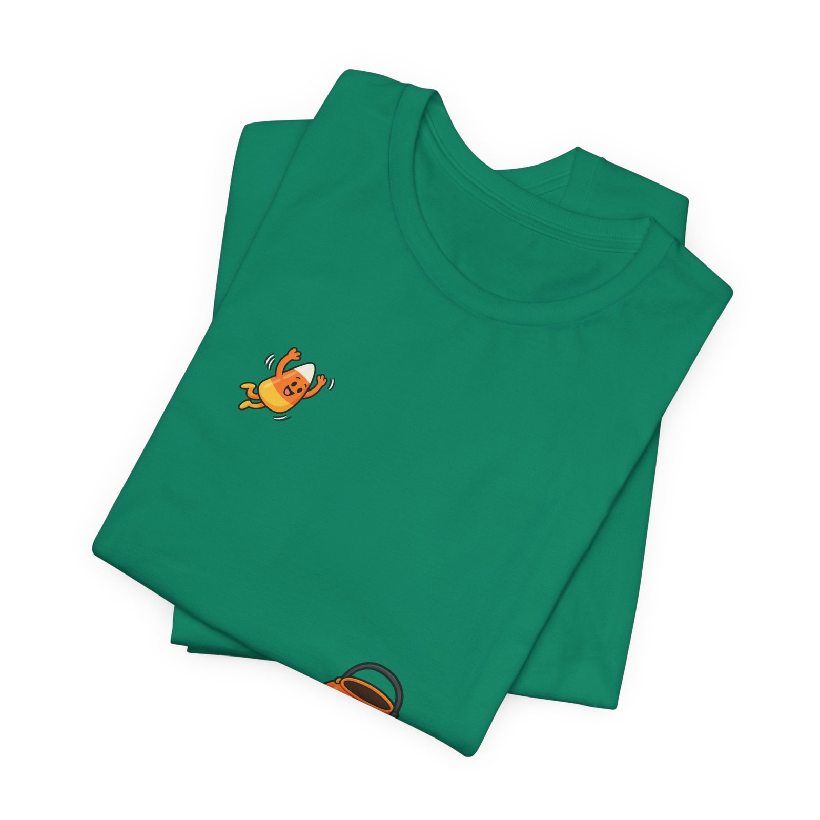 Candy Corn Jumping Into Pumpkin Bucket Halloween Graphic Tee - Image 15