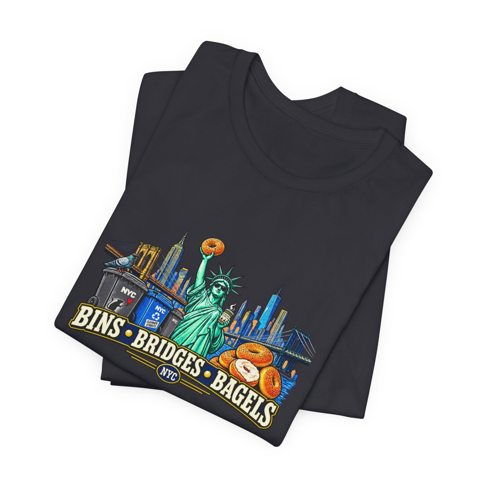 NYC Cleaner Streets Liberty Bagels Bridges Bins Graphic Tee - Image 23