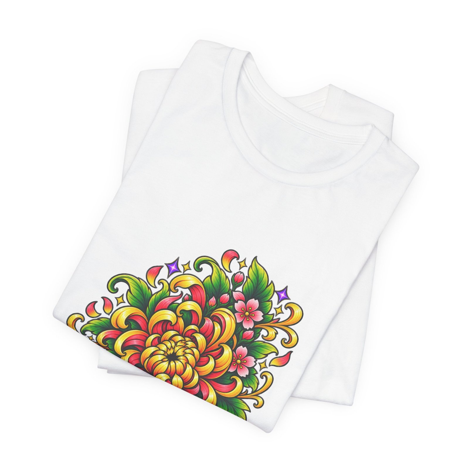 Vivid Chrysanthemum Floral Blossom Graphic Tee - Image 3