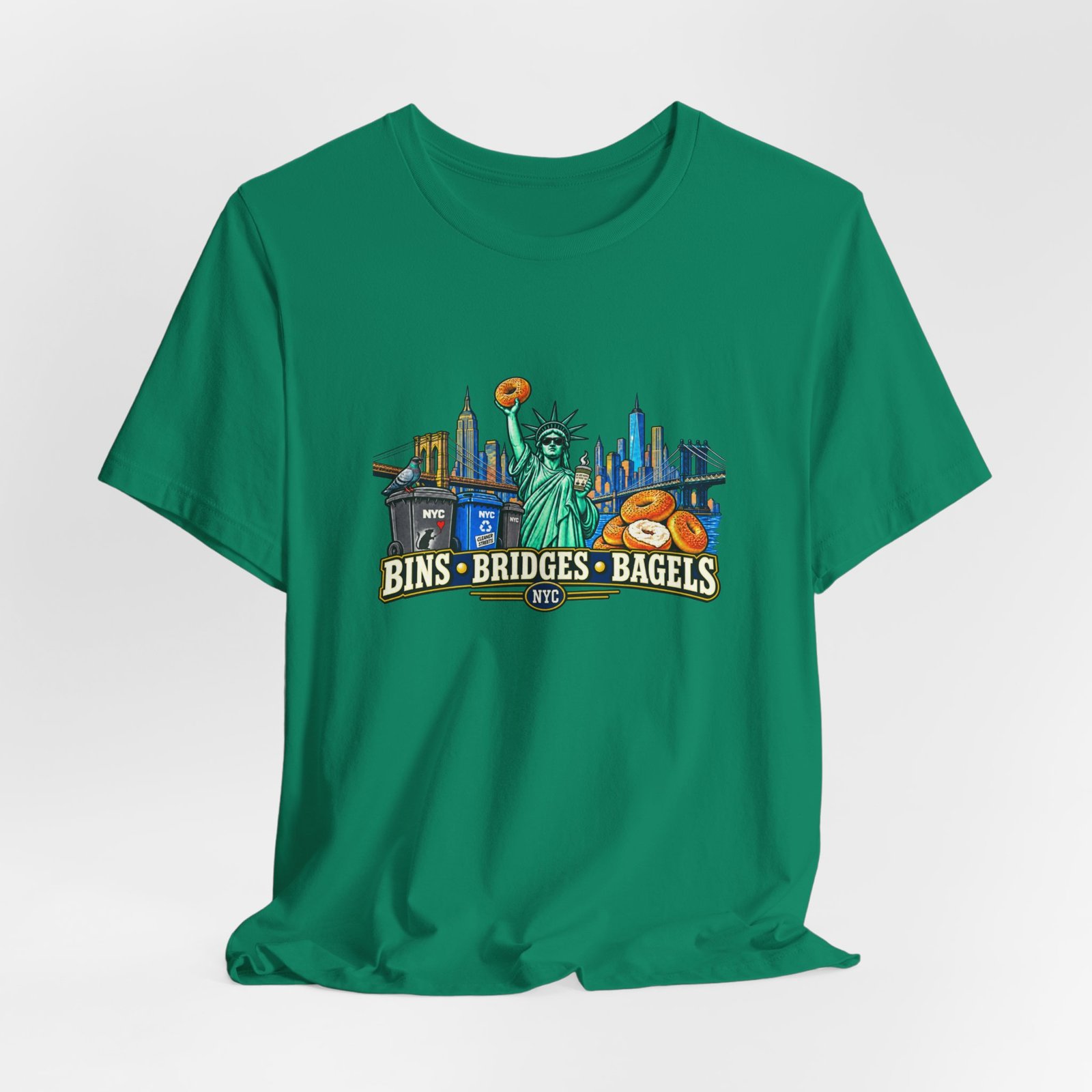 NYC Cleaner Streets Liberty Bagels Bridges Bins Graphic Tee - Image 28