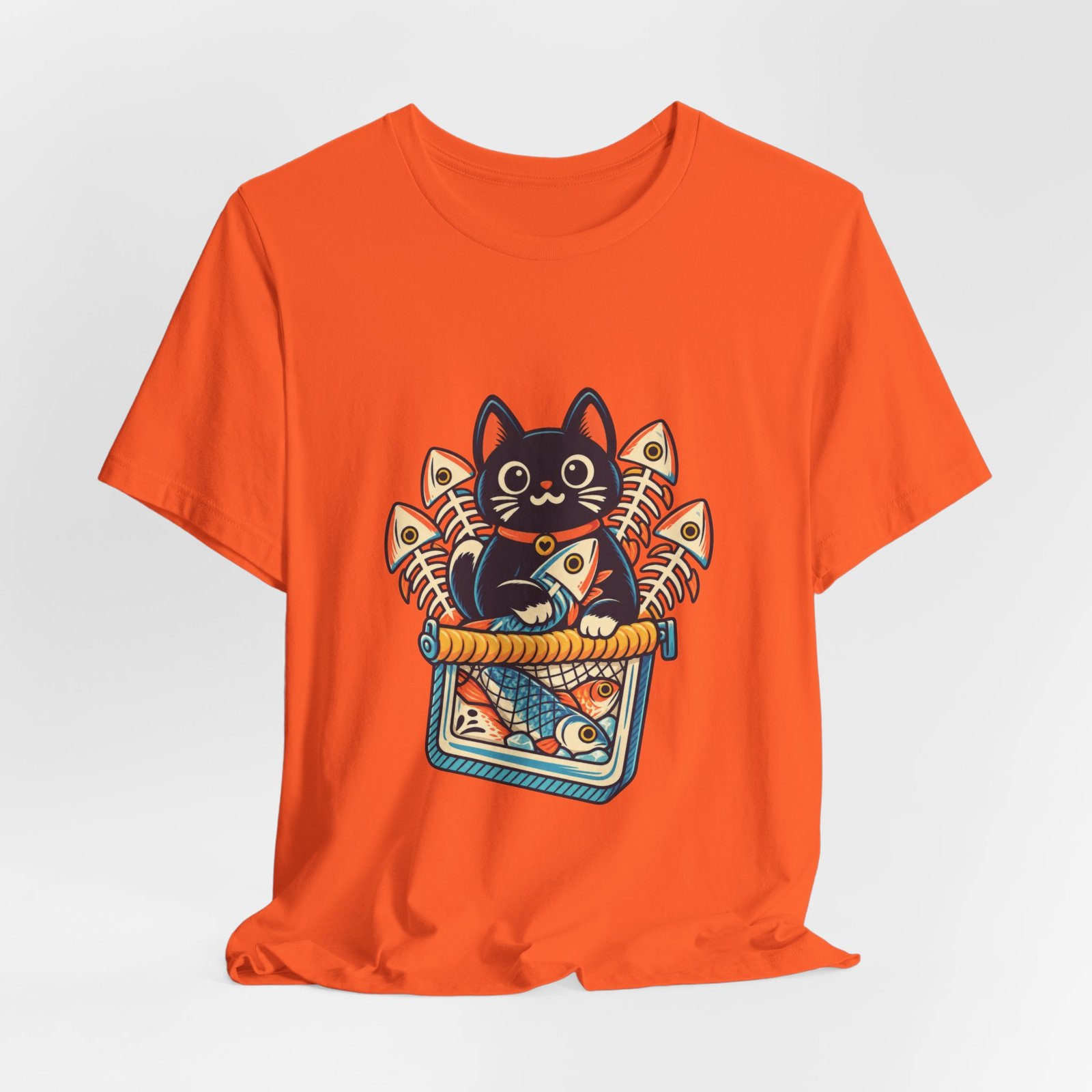 Cute Cat Sardine Fish Crate Cartoon Graphic Tee - Image 8