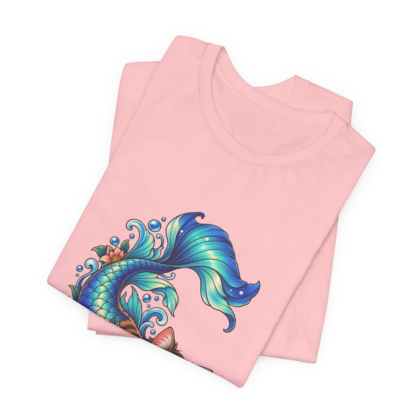 Cute Mermaid Cat Turquoise Tail Ocean Flowers Graphic Tee - Image 43