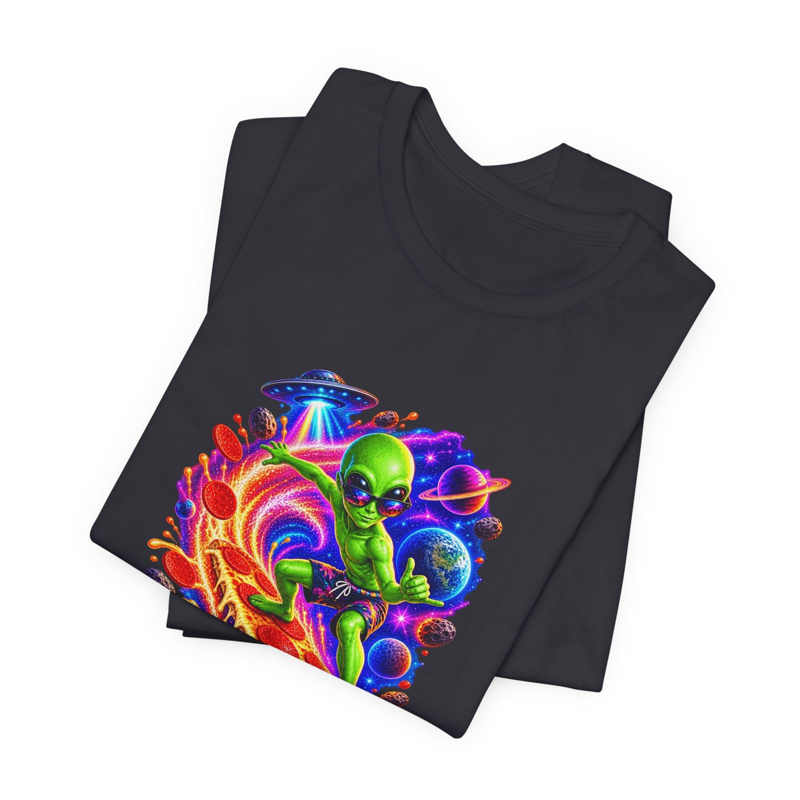 Alien Pizza Space Surfer Graphic Tee - Image 23