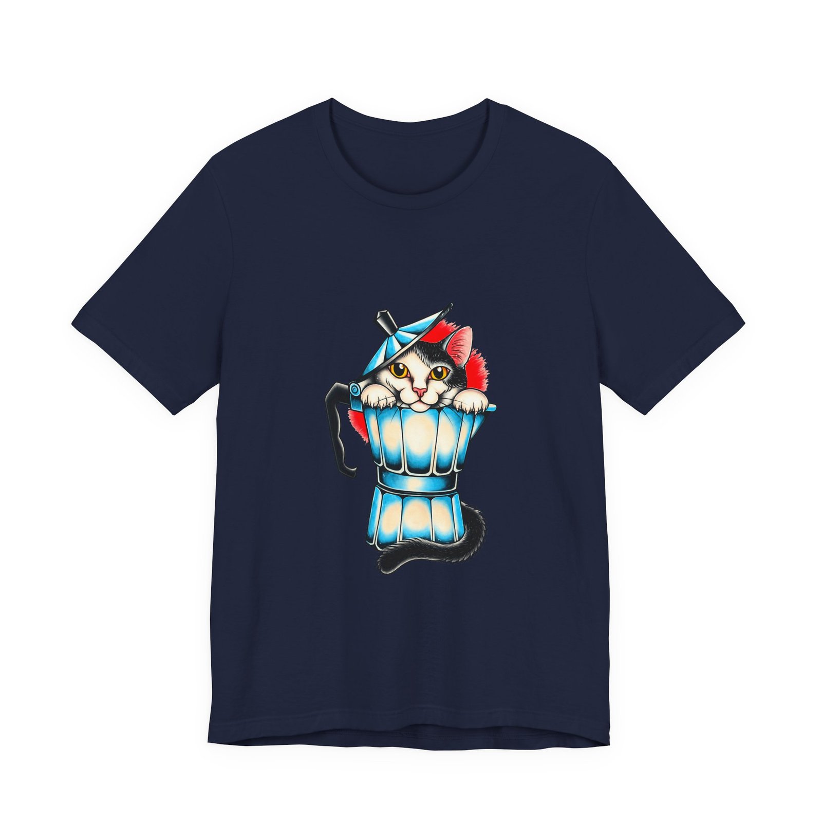 Cute Cat In Blue Moka Pot Coffee Lover Art Graphic Tee - Image 33