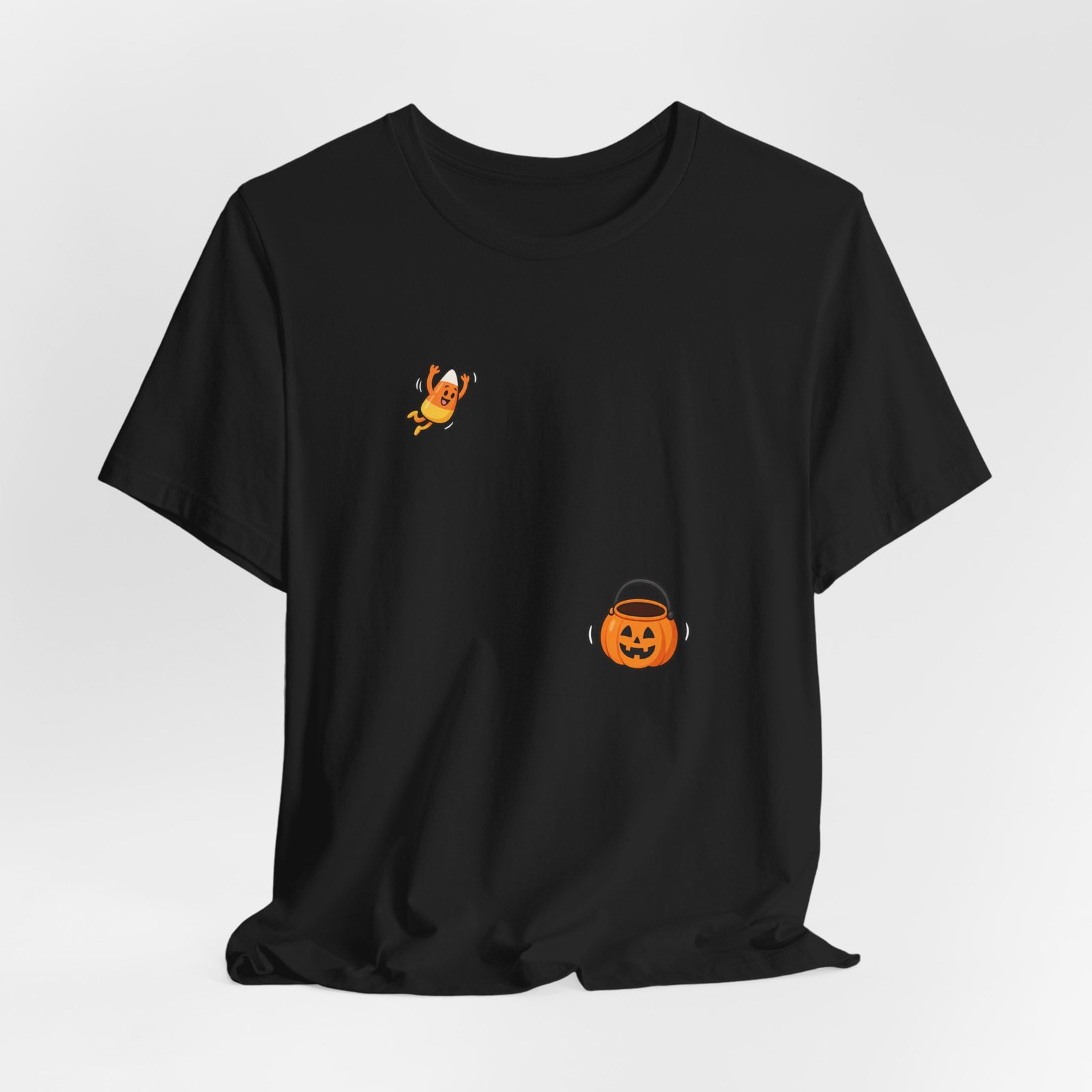 Candy Corn Jumping Into Pumpkin Bucket Halloween Graphic Tee - Image 8