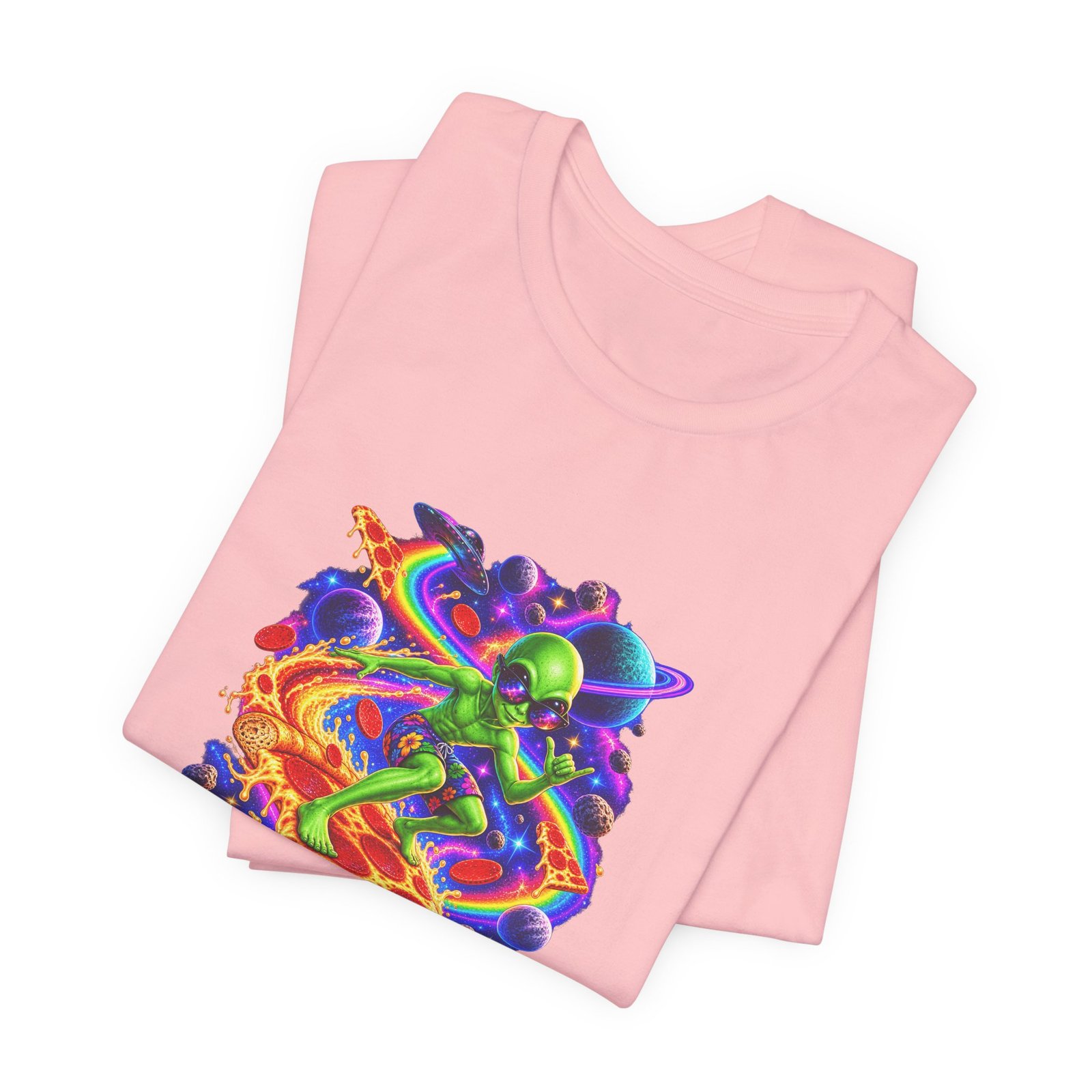 Cosmic Alien Pizza Surfer Graphic Tee - Image 43