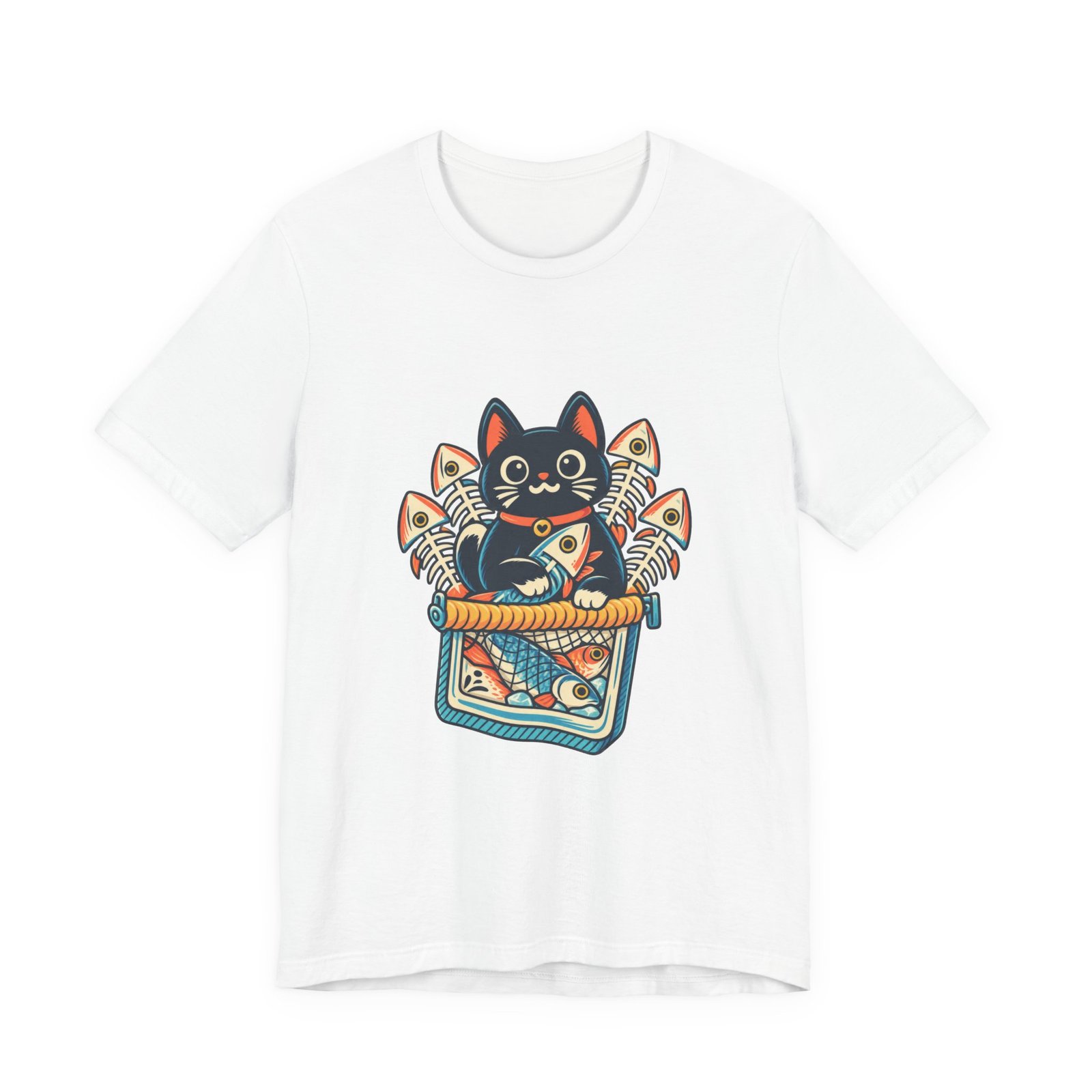 Cute Cat Sardine Fish Crate Cartoon Graphic Tee
