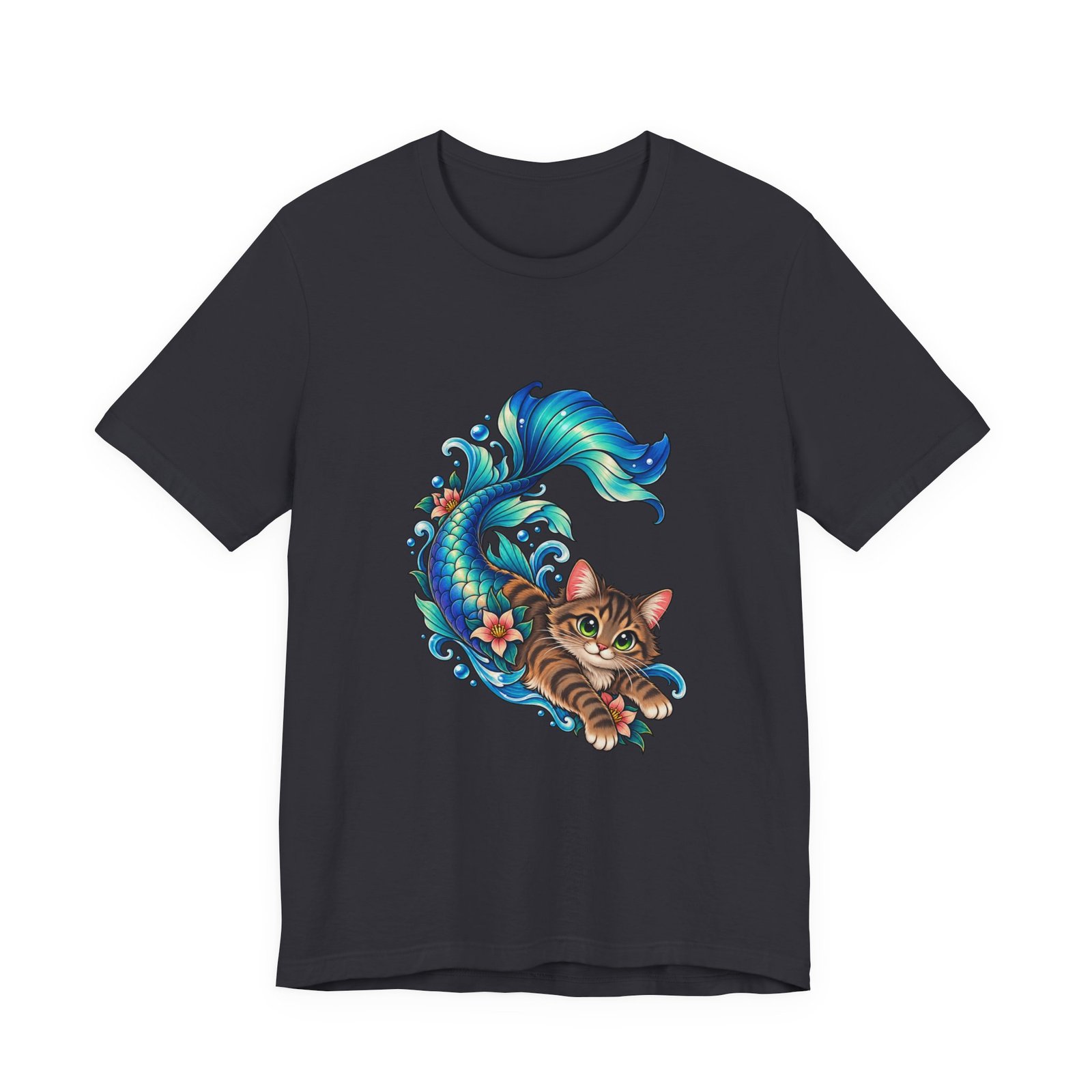 Cute Mermaid Cat Turquoise Tail Ocean Flowers Graphic Tee - Image 21