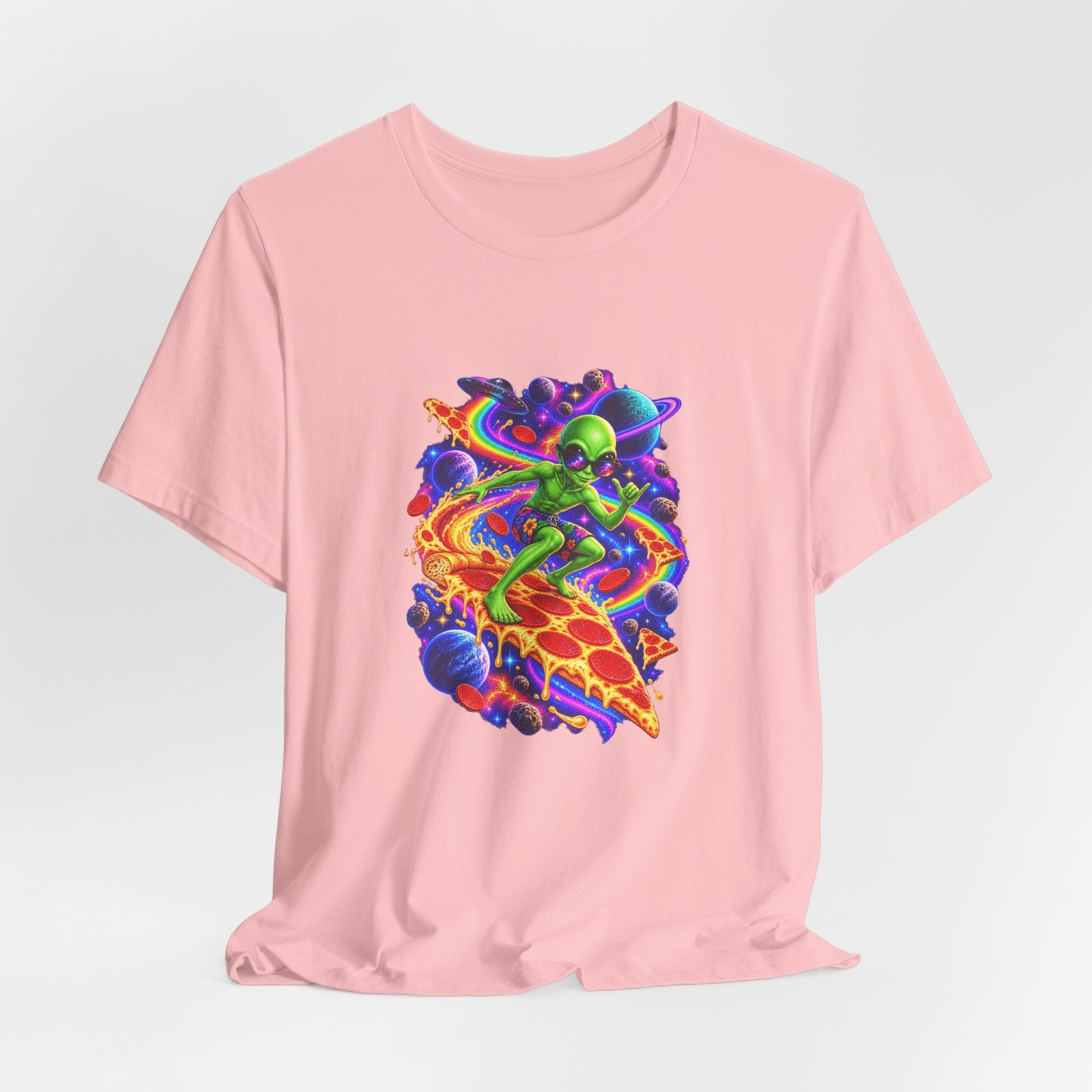 Cosmic Alien Pizza Surfer Graphic Tee - Image 44