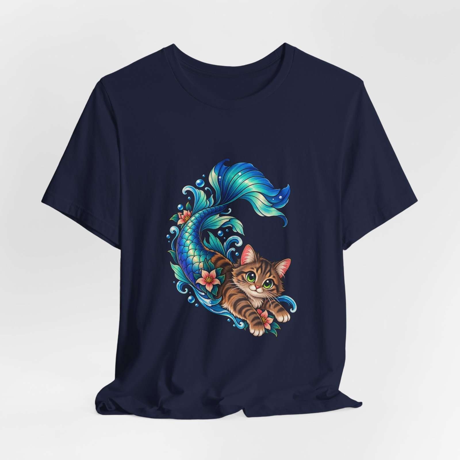 Cute Mermaid Cat Turquoise Tail Ocean Flowers Graphic Tee - Image 36