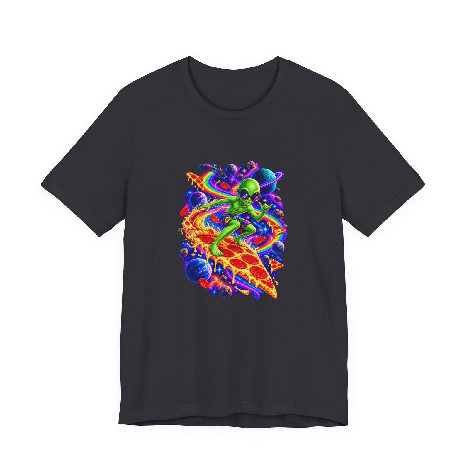 Cosmic Alien Pizza Surfer Graphic Tee - Image 21