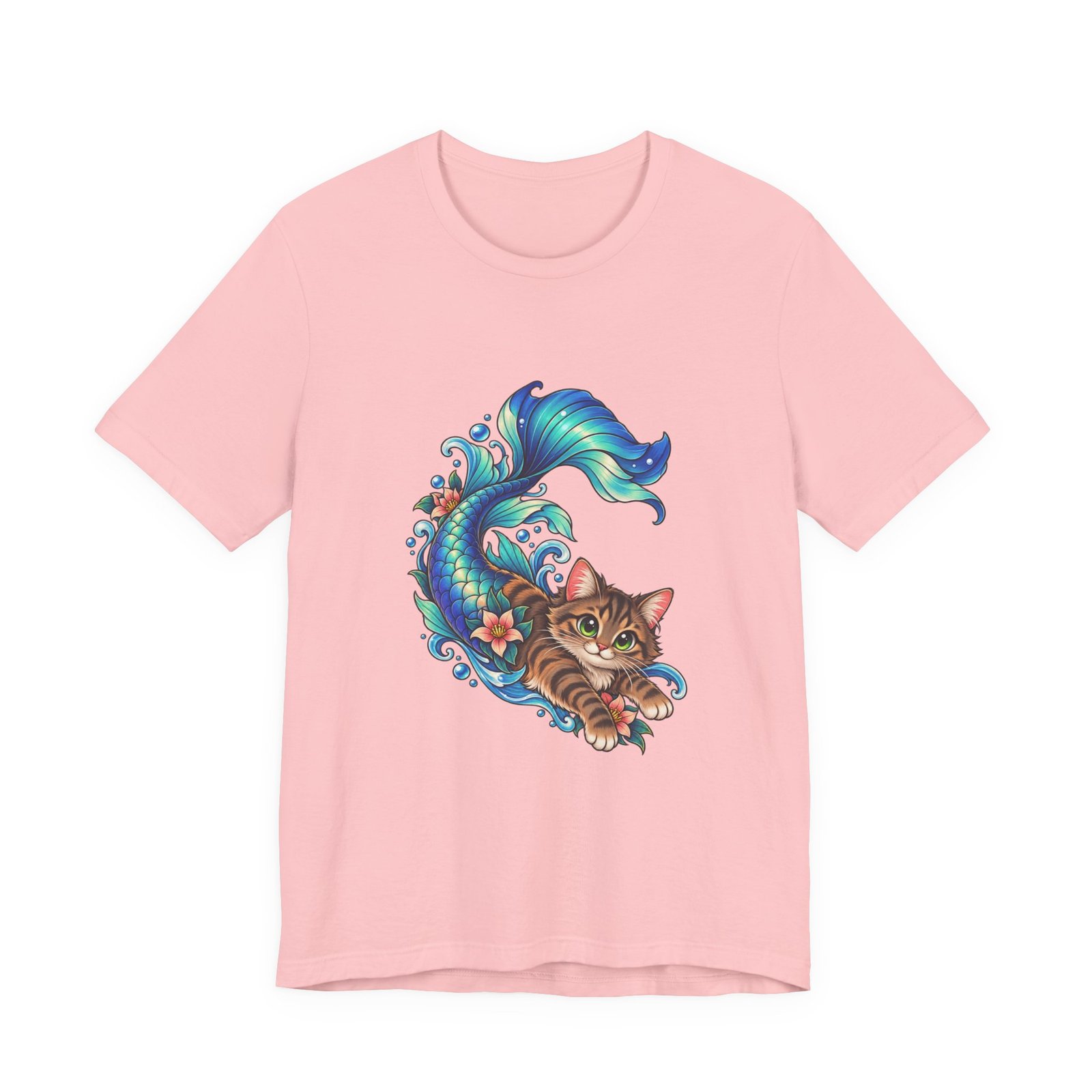Cute Mermaid Cat Turquoise Tail Ocean Flowers Graphic Tee - Image 41