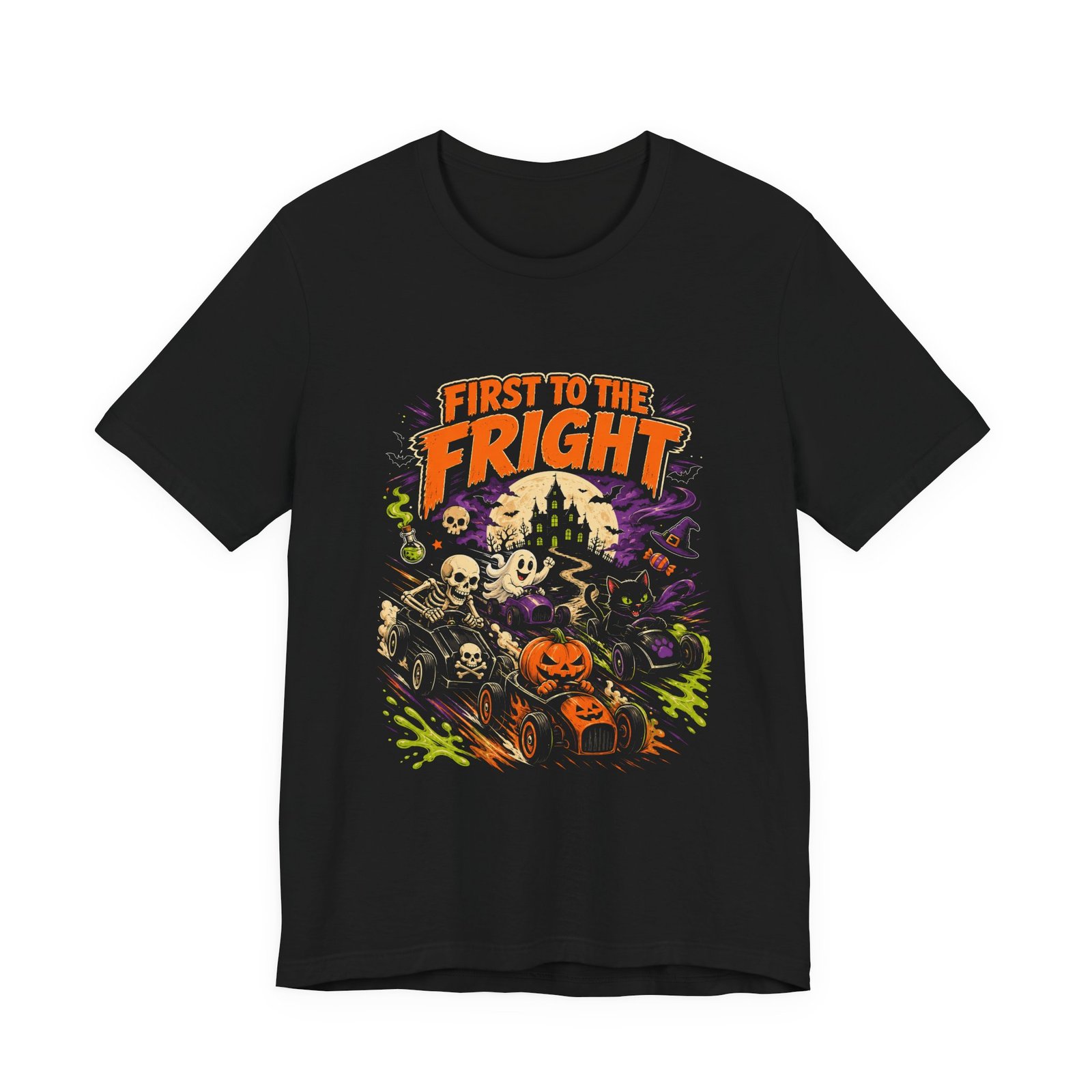 First To The Fright Halloween Hot Race Skeleton Graphic Tee