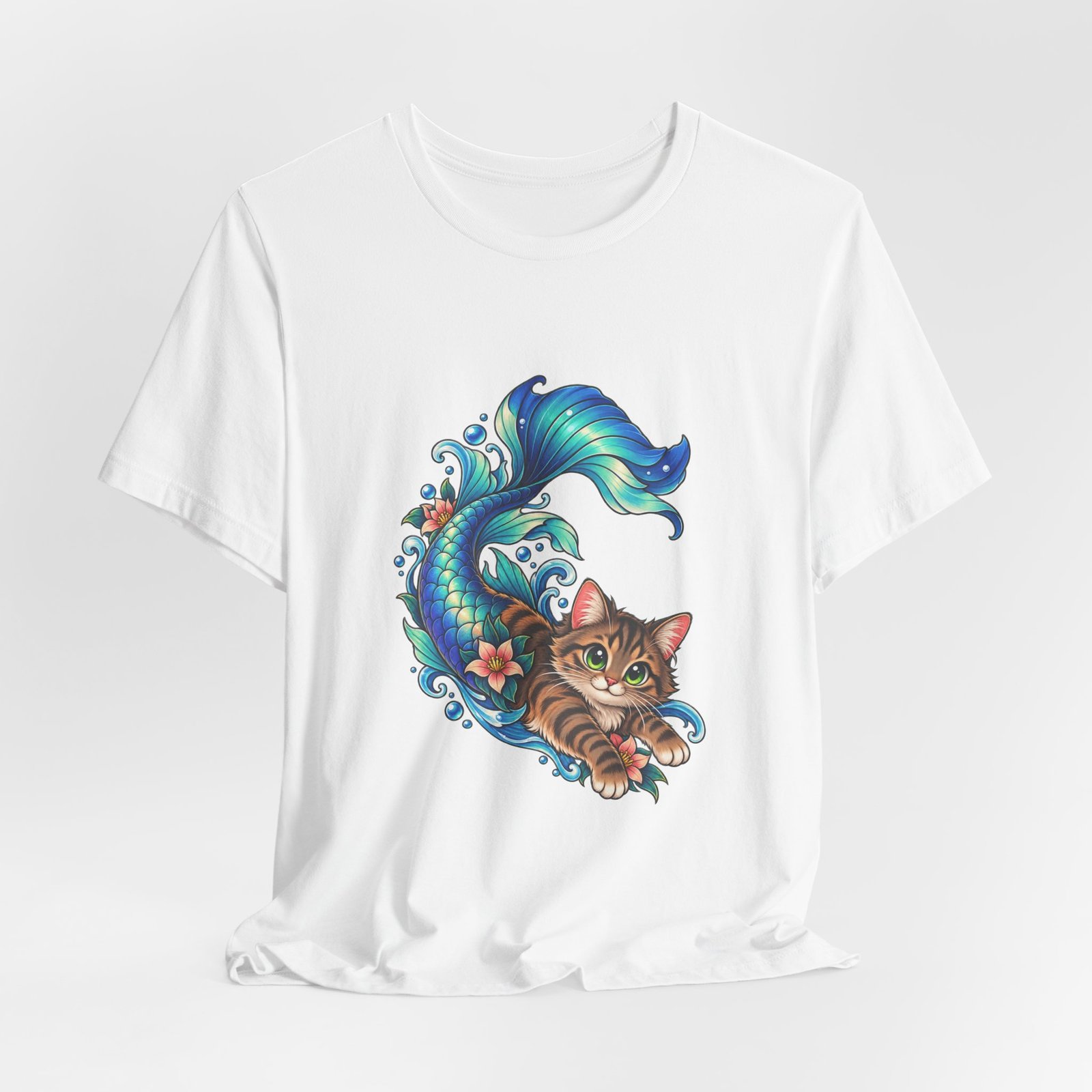 Cute Mermaid Cat Turquoise Tail Ocean Flowers Graphic Tee - Image 4