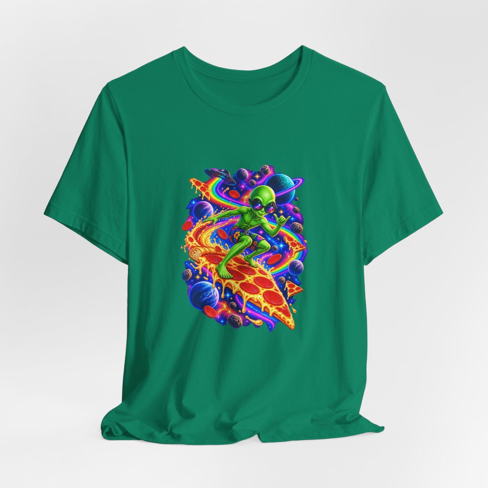 Cosmic Alien Pizza Surfer Graphic Tee - Image 28