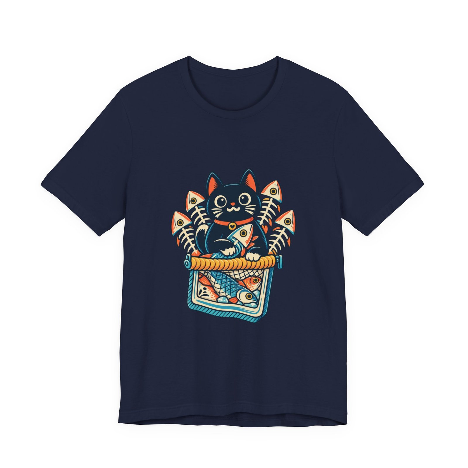 Cute Cat Sardine Fish Crate Cartoon Graphic Tee - Image 33