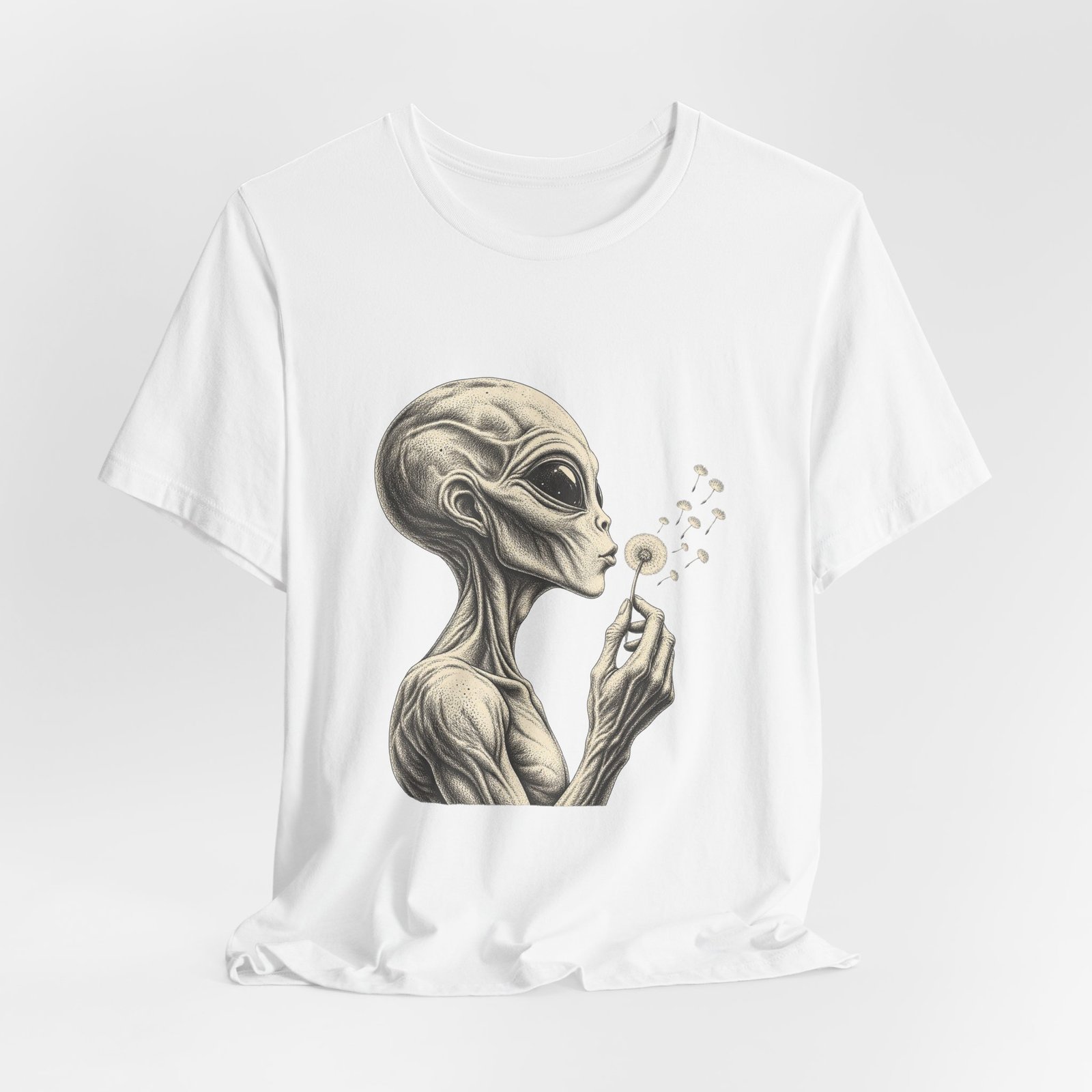 Alien Blowing Dandelion Seeds Wishful Extraterrestrial Wonder Tee - Image 4