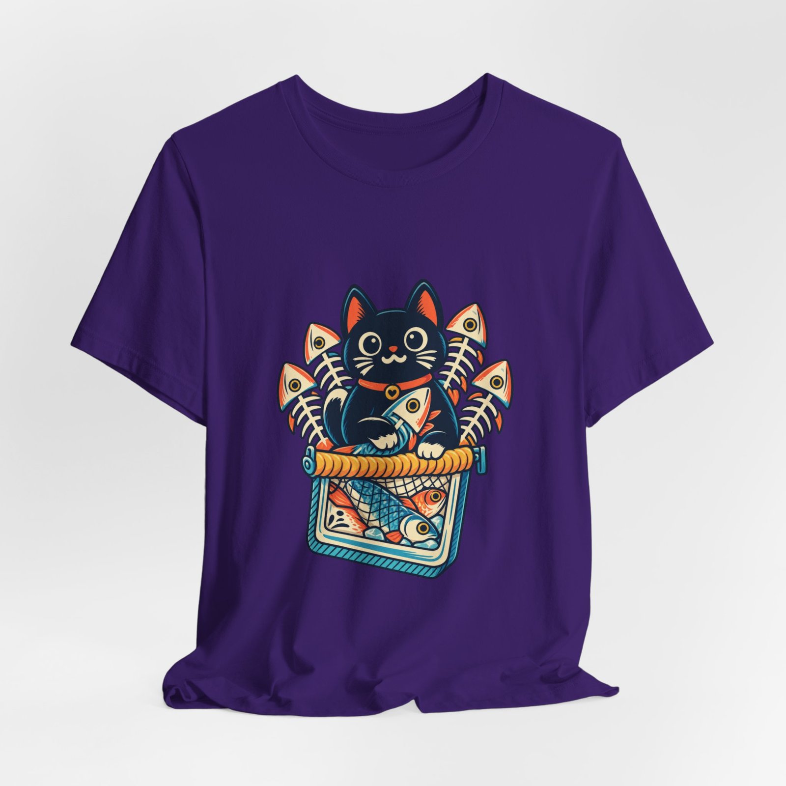 Cute Cat Sardine Fish Crate Cartoon Graphic Tee - Image 40