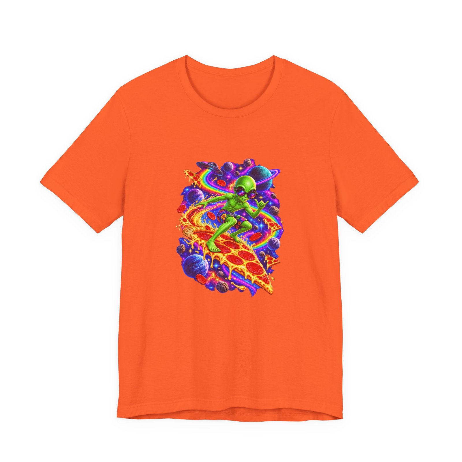 Cosmic Alien Pizza Surfer Graphic Tee - Image 5