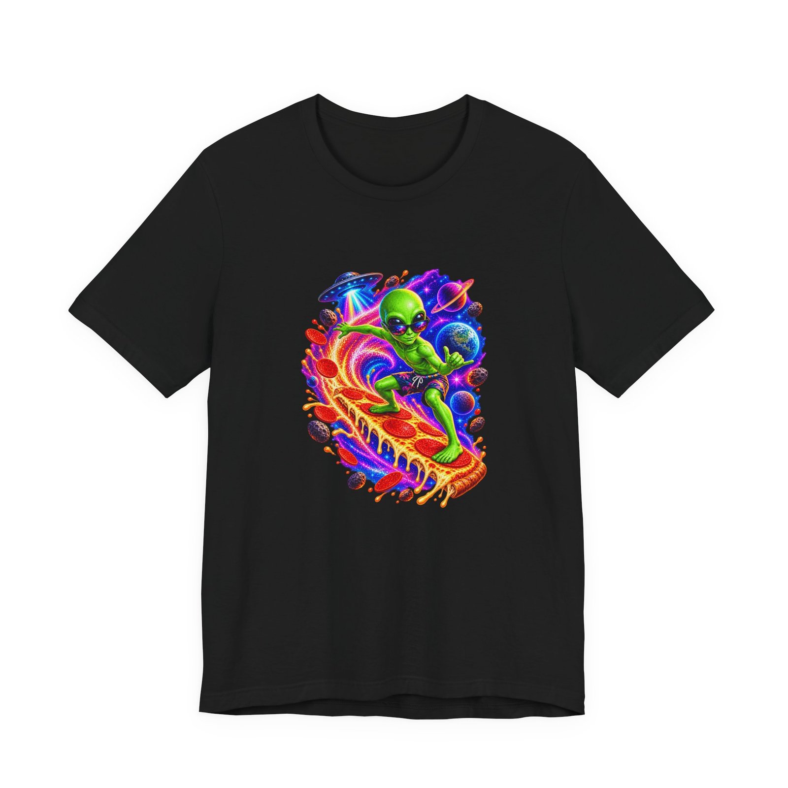 Alien Pizza Space Surfer Graphic Tee - Image 13