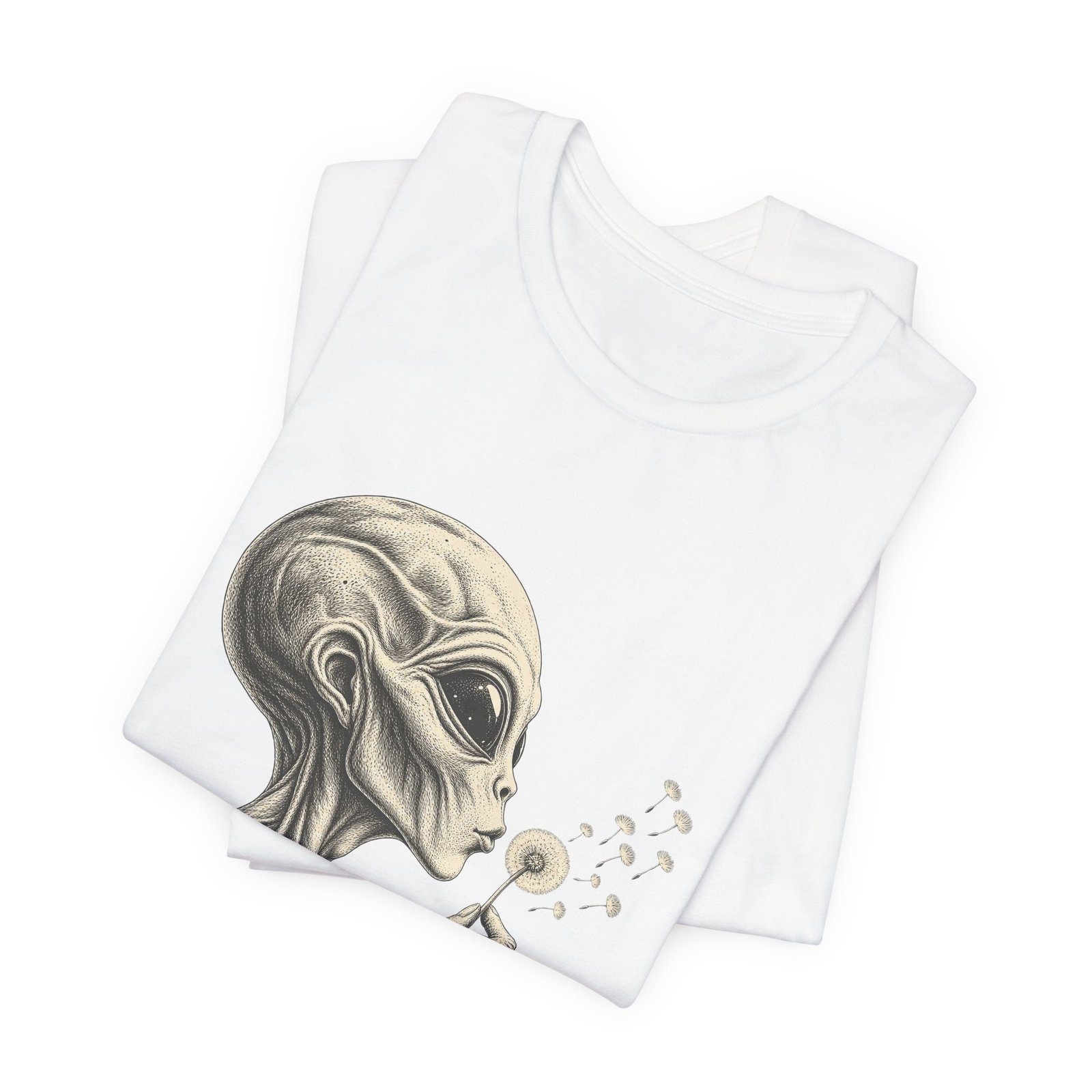 Alien Blowing Dandelion Seeds Wishful Extraterrestrial Wonder Tee - Image 3