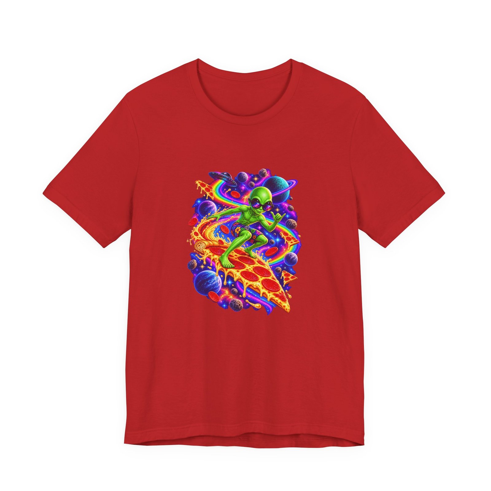 Cosmic Alien Pizza Surfer Graphic Tee - Image 45