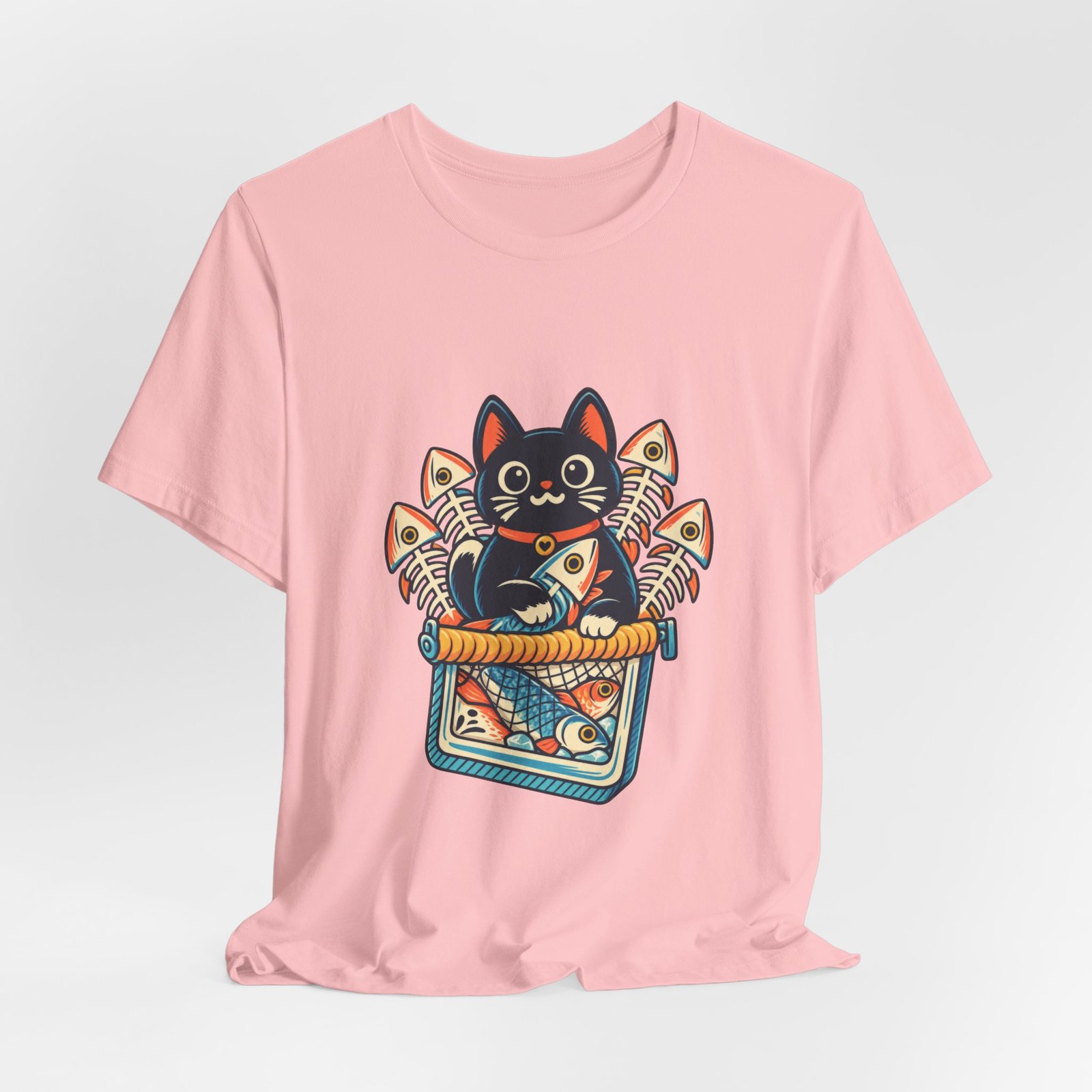 Cute Cat Sardine Fish Crate Cartoon Graphic Tee - Image 44