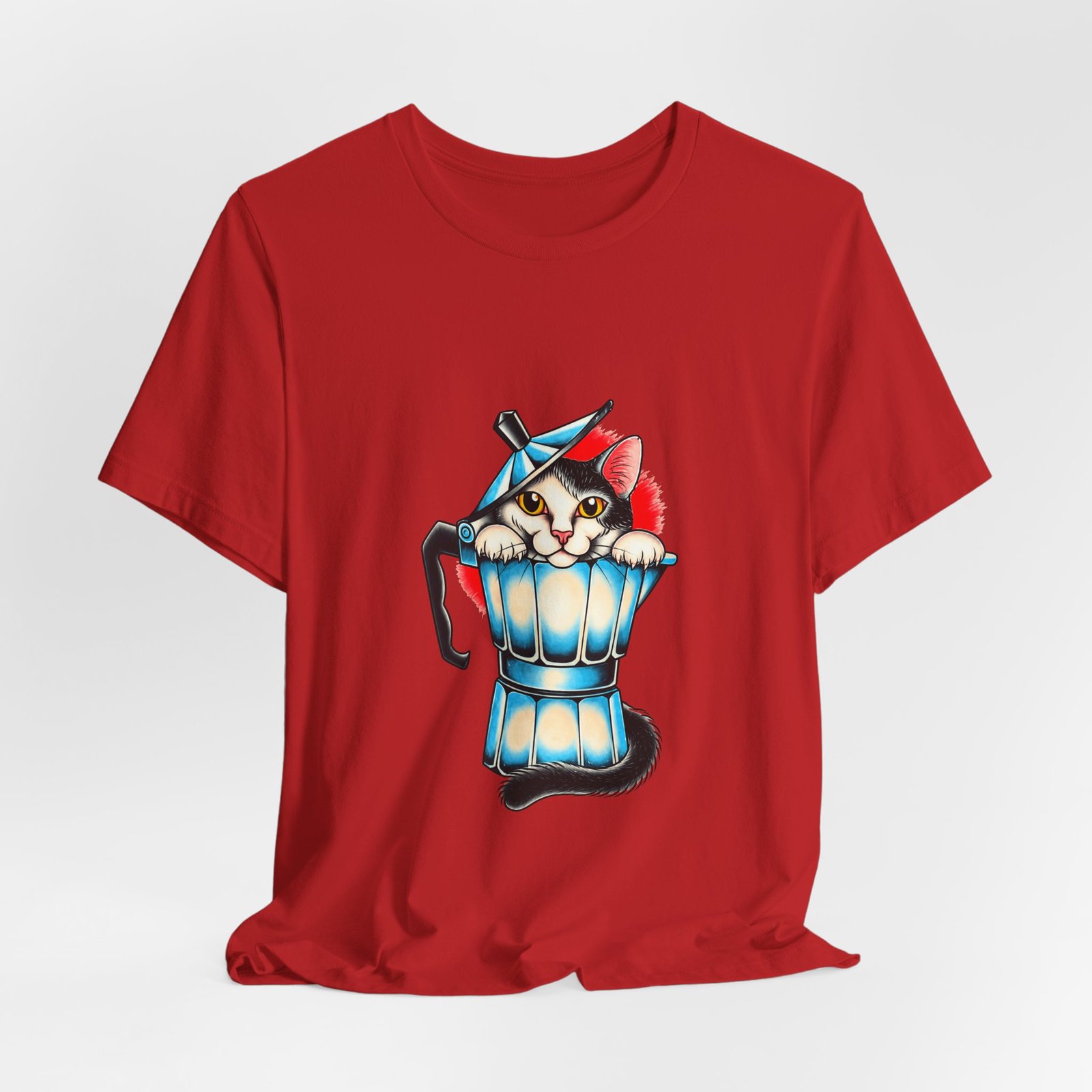 Cute Cat In Blue Moka Pot Coffee Lover Art Graphic Tee - Image 48