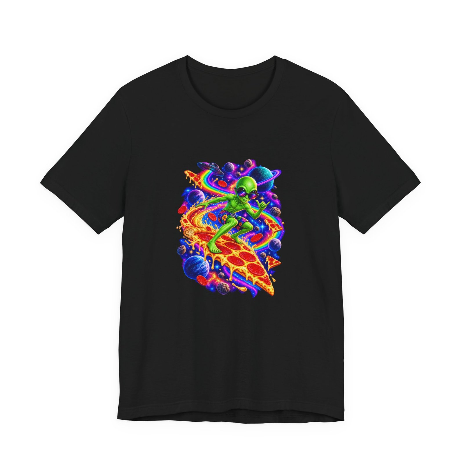 Cosmic Alien Pizza Surfer Graphic Tee - Image 13