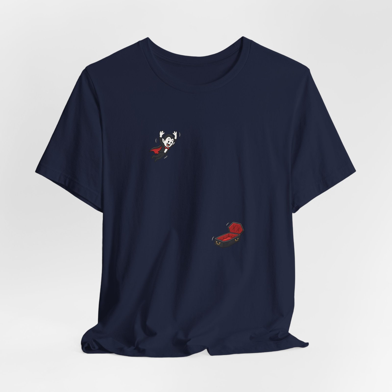 Cute Cartoon Vampire Jumping Into Coffin Halloween Graphic Tee - Image 24