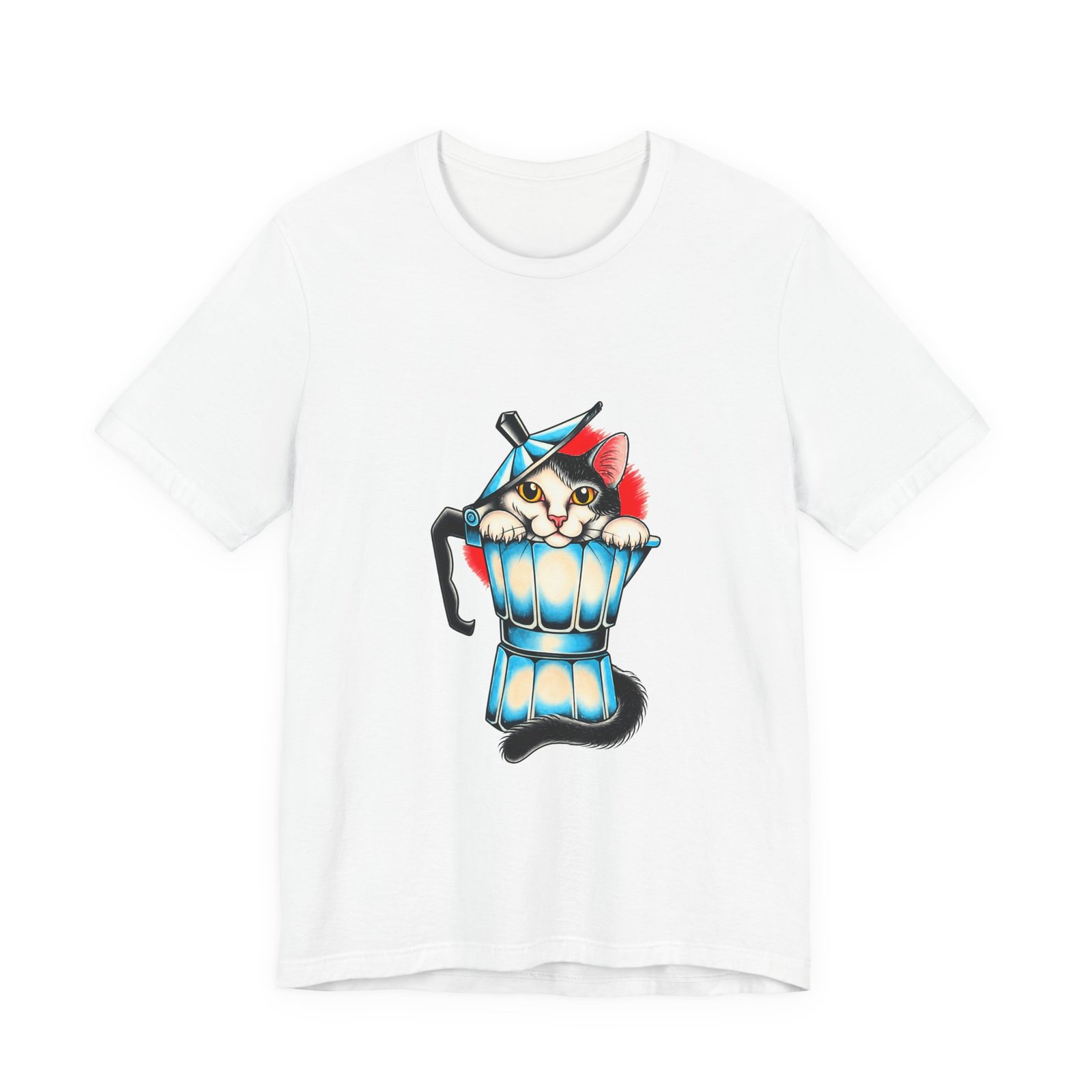 Cute Cat In Blue Moka Pot Coffee Lover Art Graphic Tee