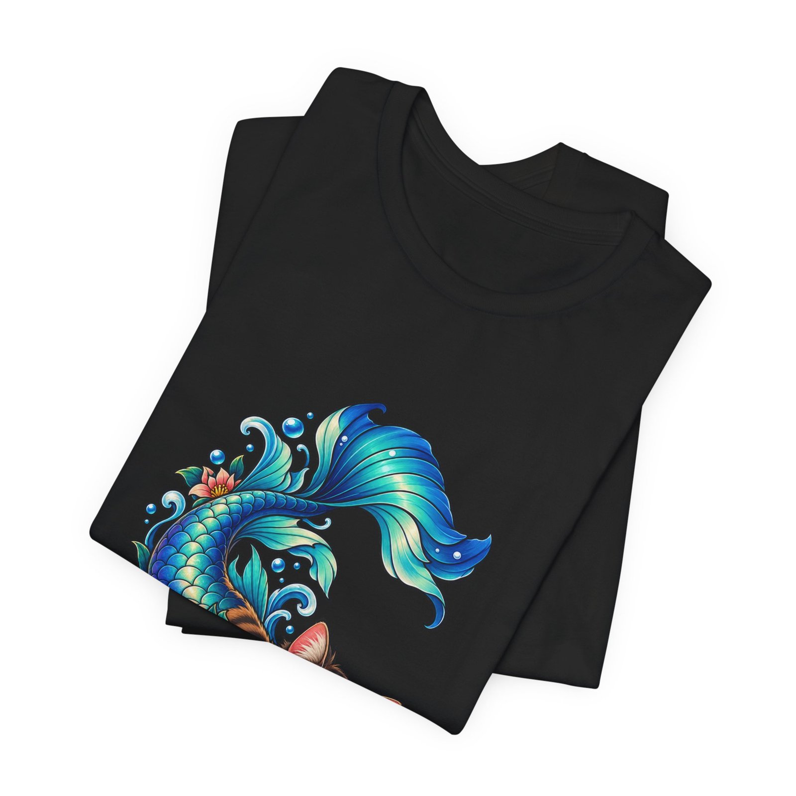 Cute Mermaid Cat Turquoise Tail Ocean Flowers Graphic Tee - Image 15