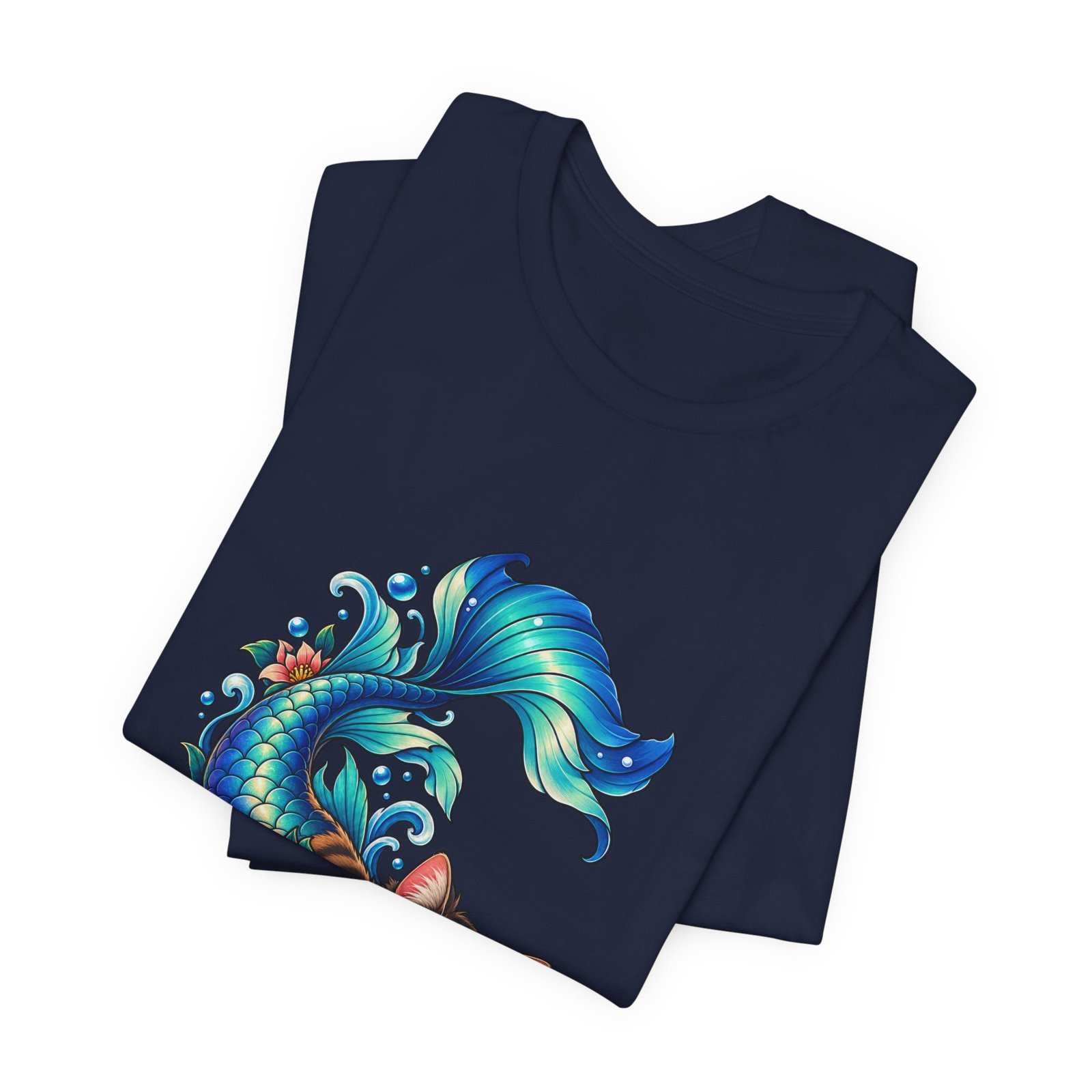 Cute Mermaid Cat Turquoise Tail Ocean Flowers Graphic Tee - Image 35