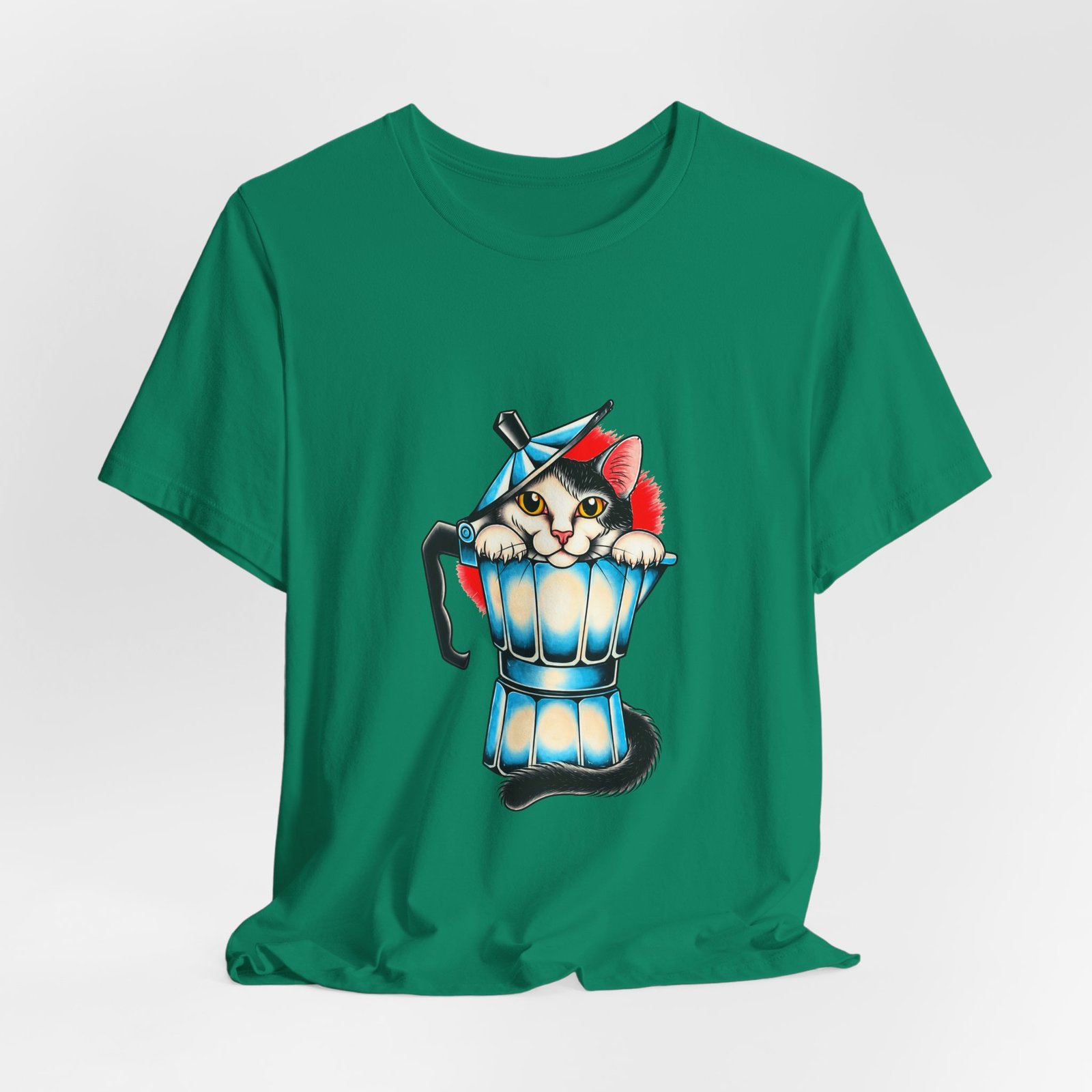 Cute Cat In Blue Moka Pot Coffee Lover Art Graphic Tee - Image 28