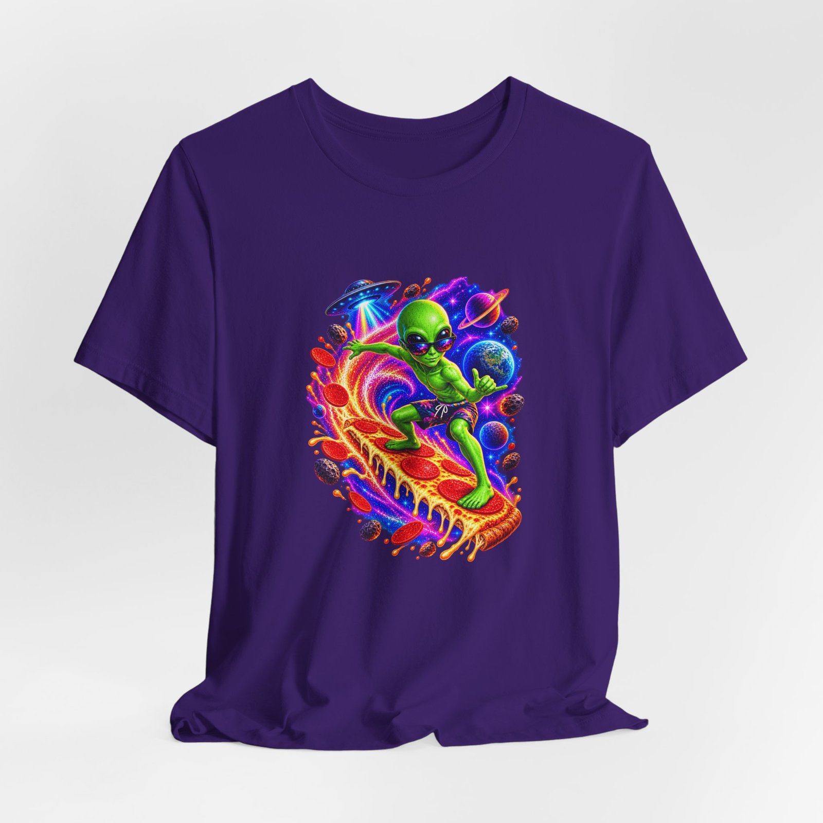 Alien Pizza Space Surfer Graphic Tee - Image 40