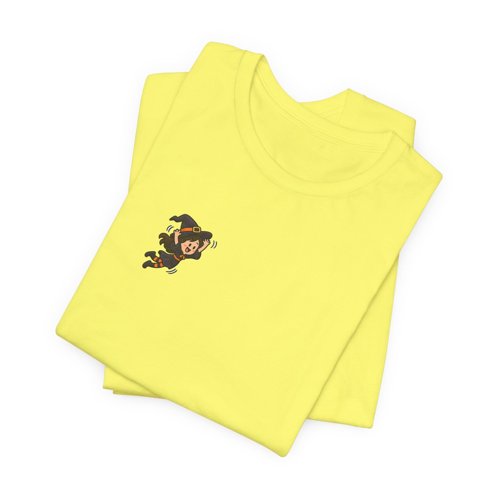Playful Halloween Witch Jumping Onto Broom Graphic Tee - Image 11