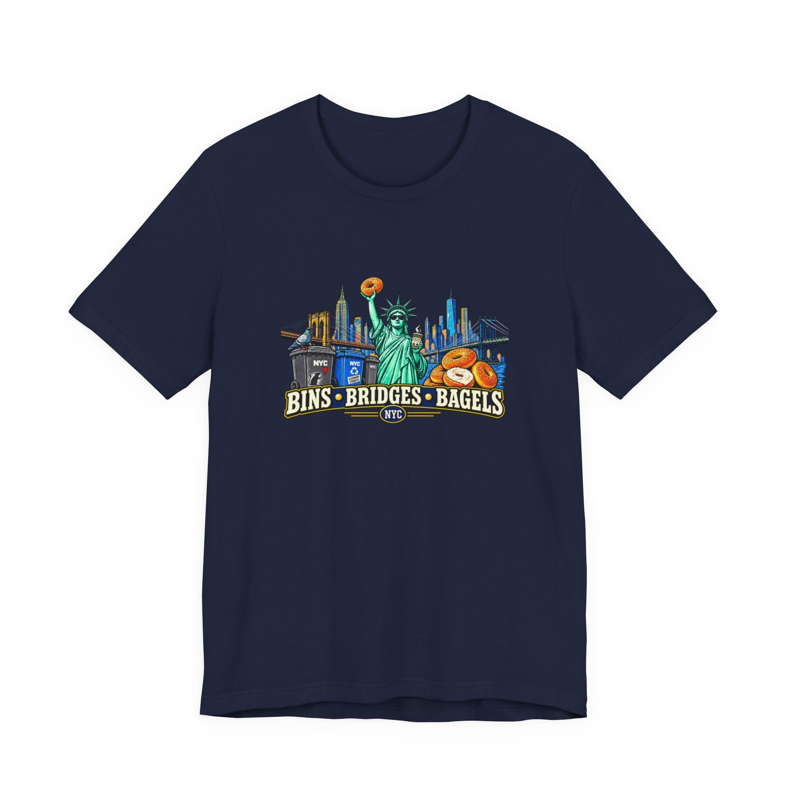 NYC Cleaner Streets Liberty Bagels Bridges Bins Graphic Tee - Image 33
