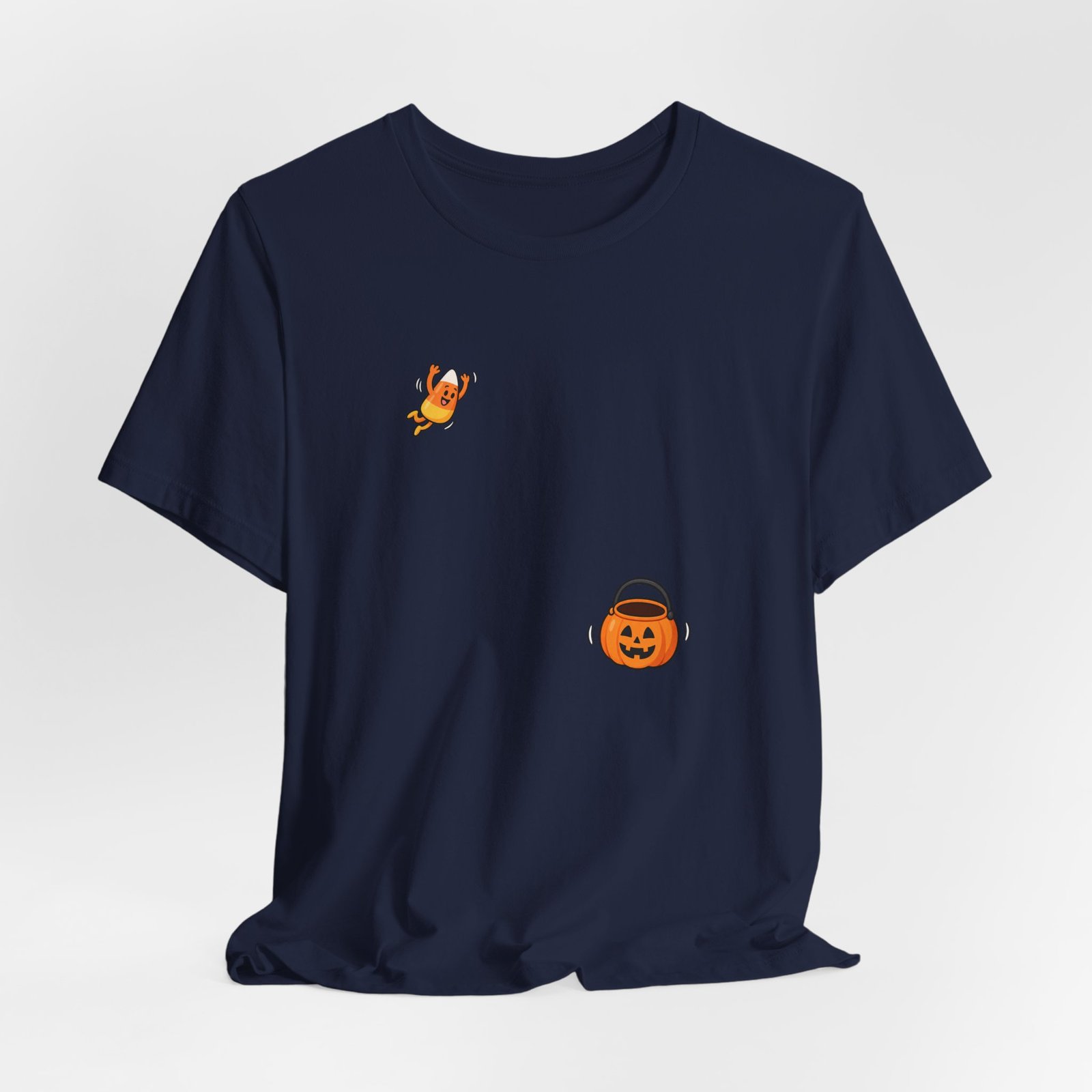 Candy Corn Jumping Into Pumpkin Bucket Halloween Graphic Tee - Image 24