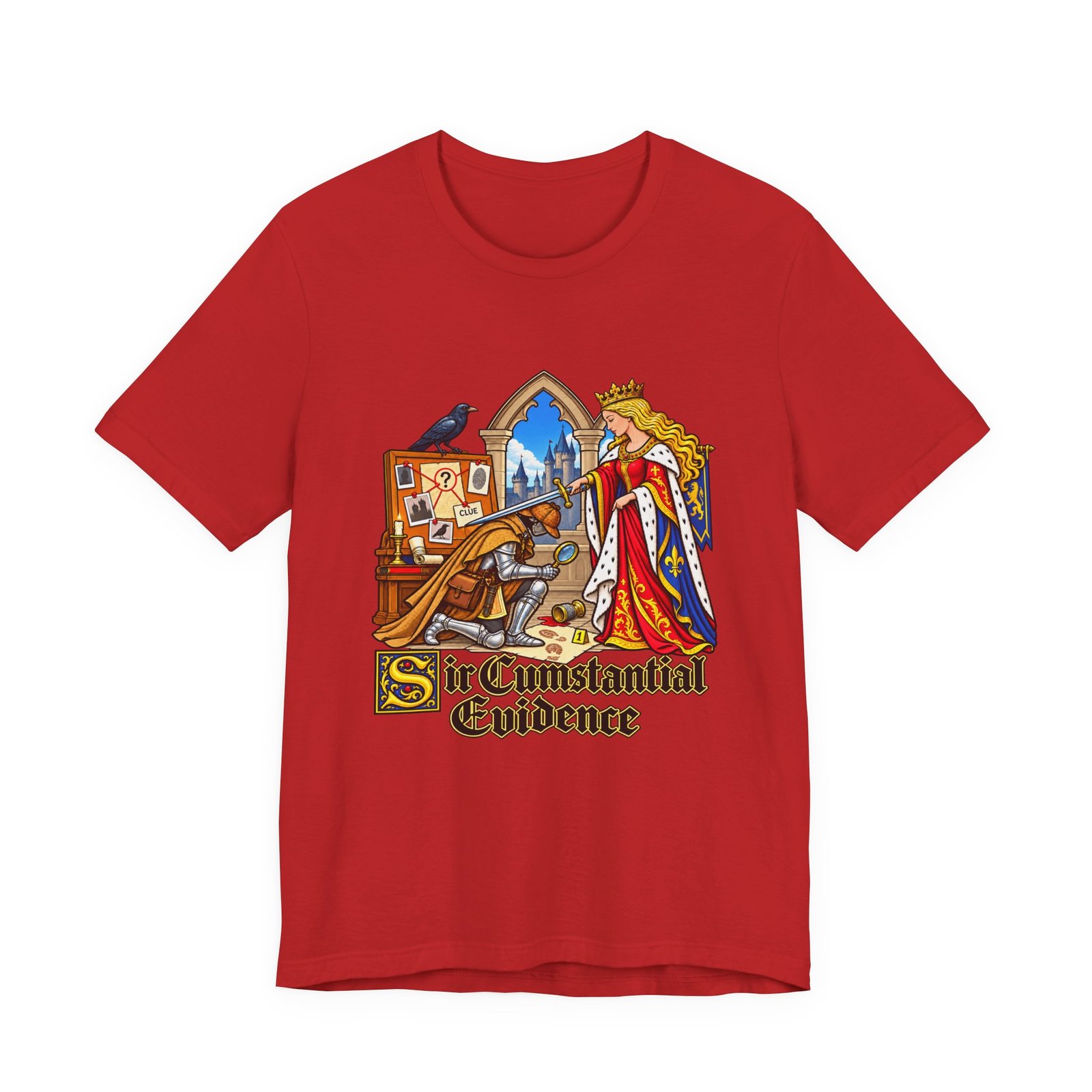 Sir Cumstantial Evidence Medieval Mystery Graphic Tee - Image 45